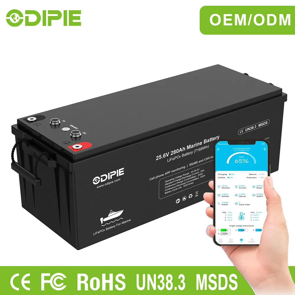 Batería personalizada de fábrica CE 24V 25.6V 100ah 200ah 230ah 280ah 300ah 314ah RV Marina LiFePO4 Batería solar fuera de la red con Bluetooth RS485 Victron Canbus en paralelo