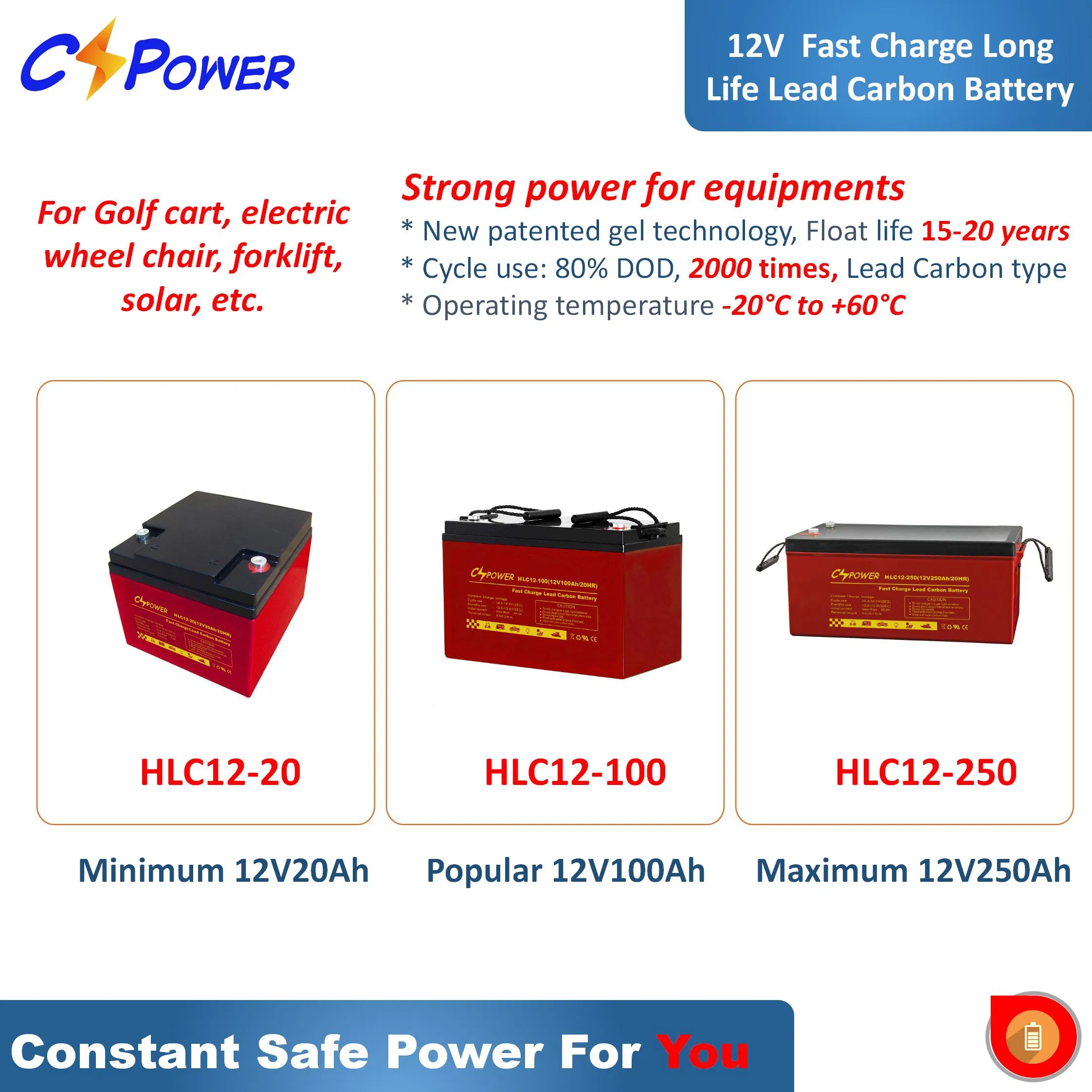 Batería de Carbono de Plomo Recargable de Ciclo Profundo de Larga Duración y Carga Rápida Cspower 2V/6V/12V 100ah/200ah/250ah/400ah para Sistema de Almacenamiento de Energía Solar
