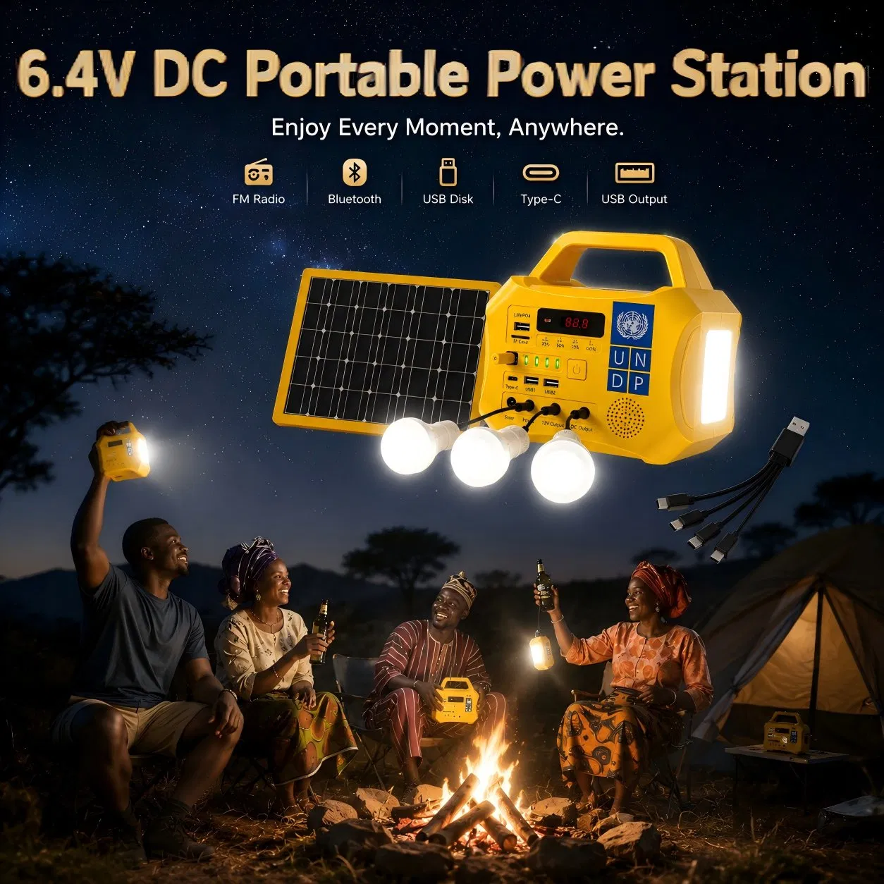 Sistema portátil de dos colores ABS de corriente continua para el hogar con FM, Bluetooth, salida USB tipo C, batería solar fuera de la red LiFePO4 de litio