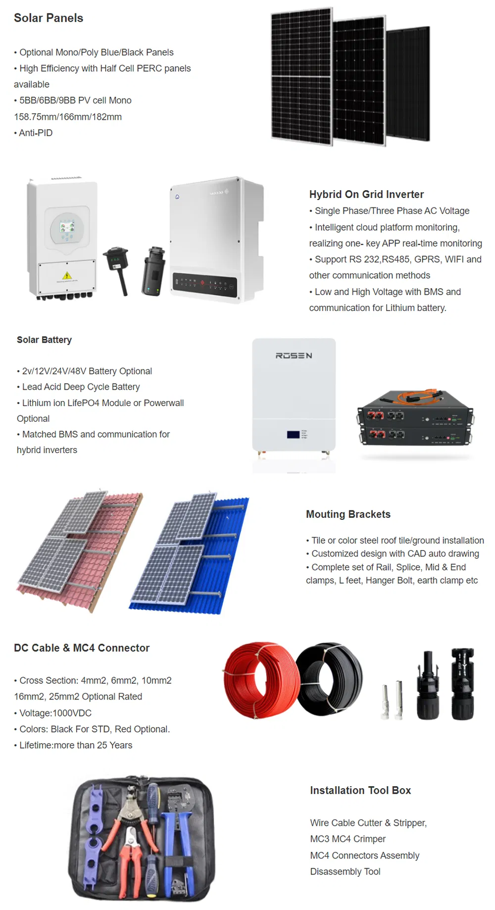 Sistema Solar Híbrido 10kw 30kw 50kw 100kw Almacenamiento de Baterías de Litio