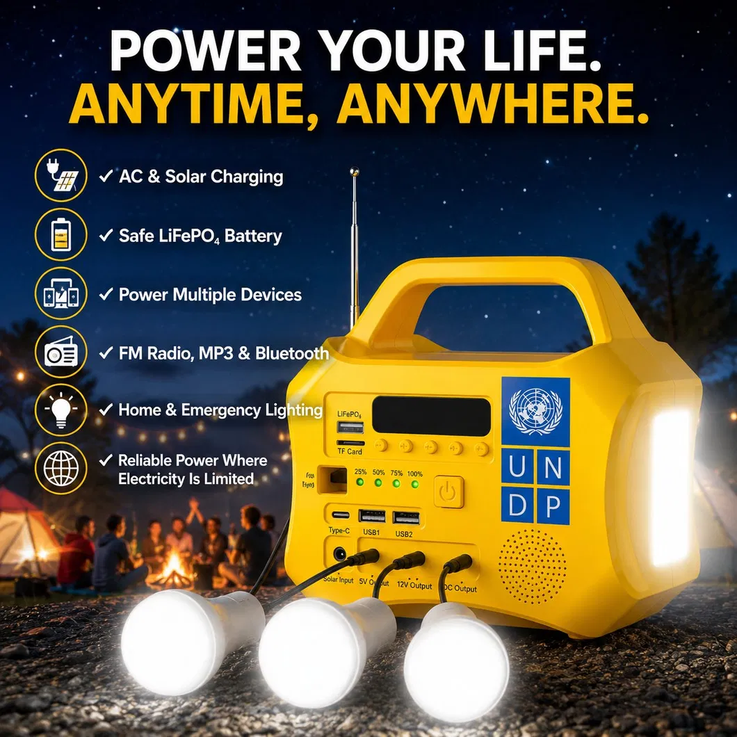 Sistema portátil de dos colores ABS de corriente continua para el hogar con FM, Bluetooth, salida USB tipo C, batería solar fuera de la red LiFePO4 de litio
