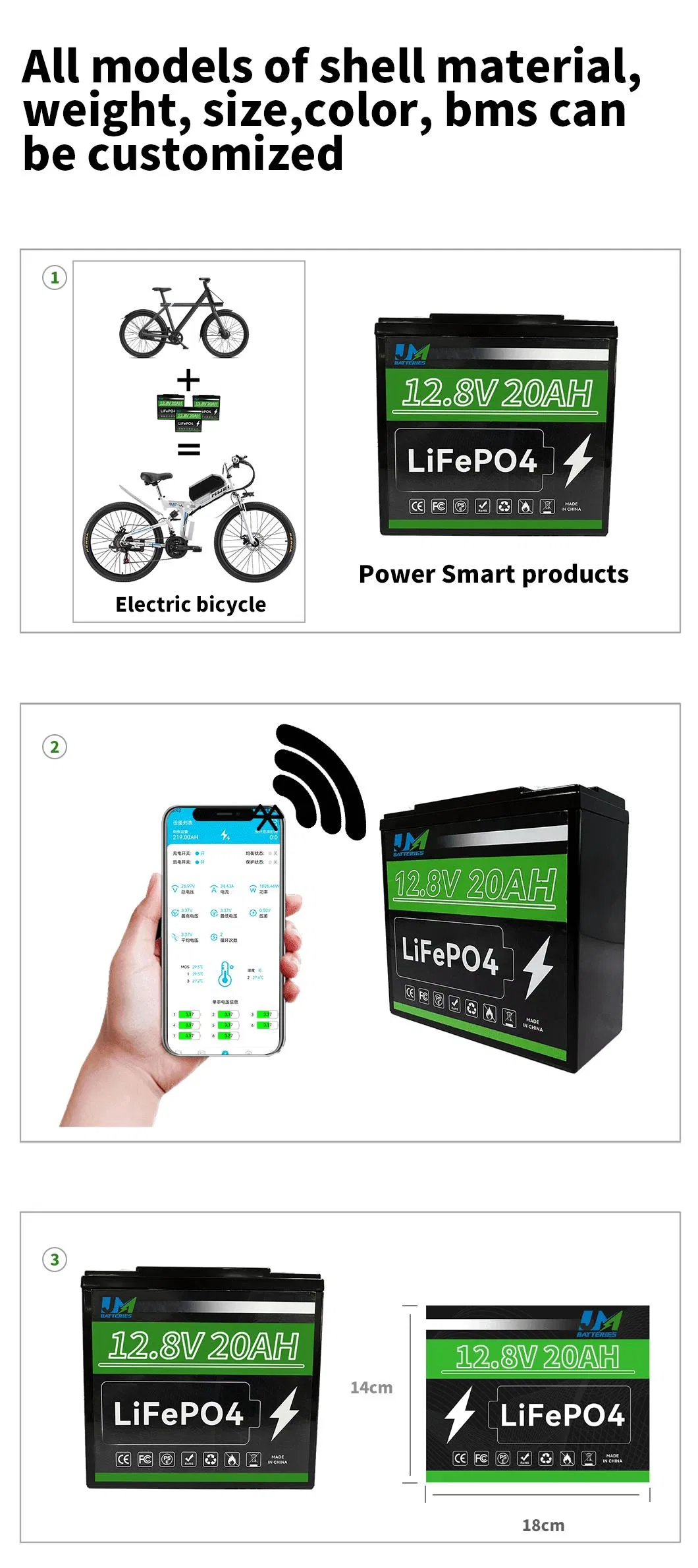 Estación de Energía Solar Personalizada 12.8V 20ah Paquete de Batería de Iones de Litio LiFePO4 Almacenamiento de Batería Recargable de Li-ion