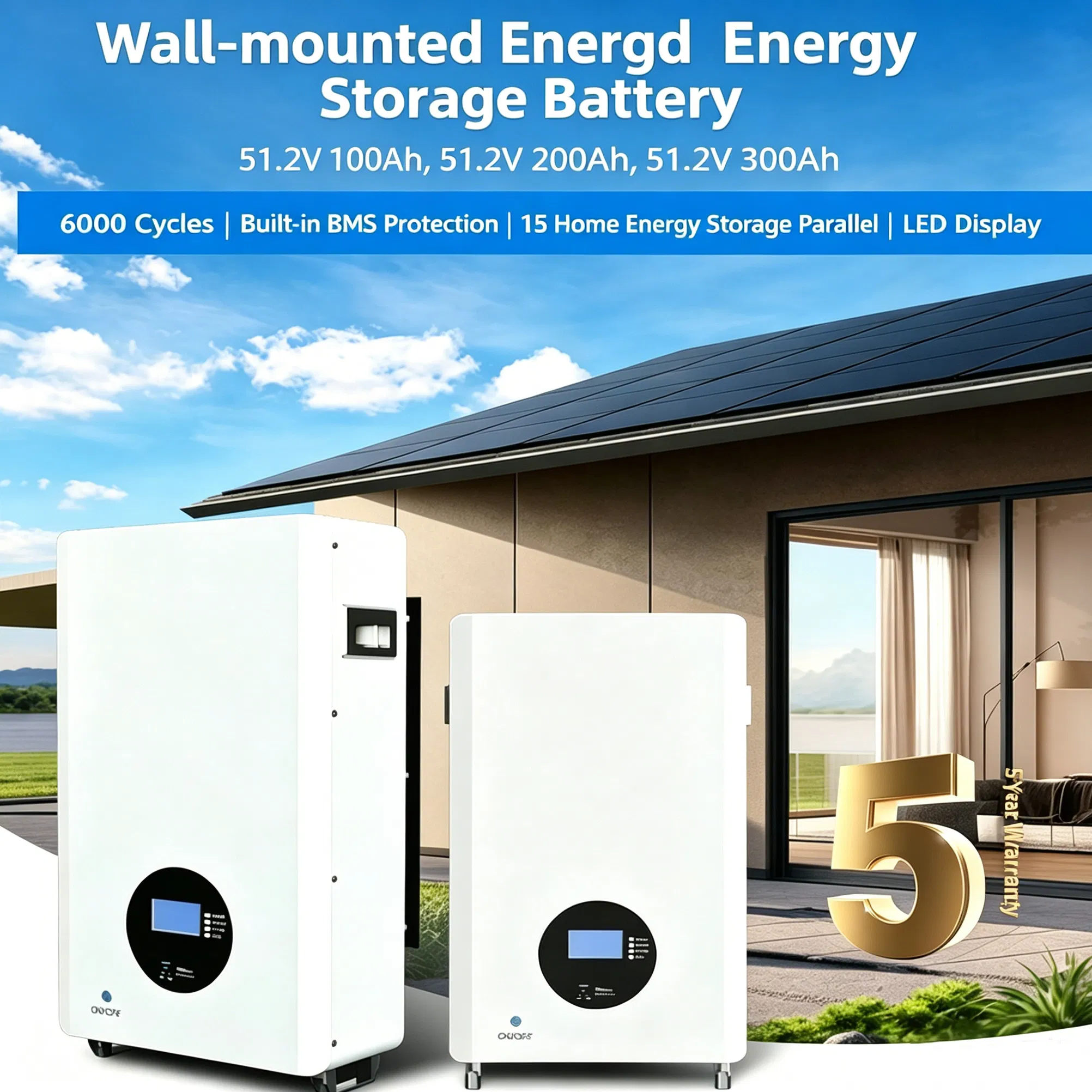 Batería de litio montada en la pared todo en uno 51.2V 5kwh para almacenamiento de energía solar en el hogar