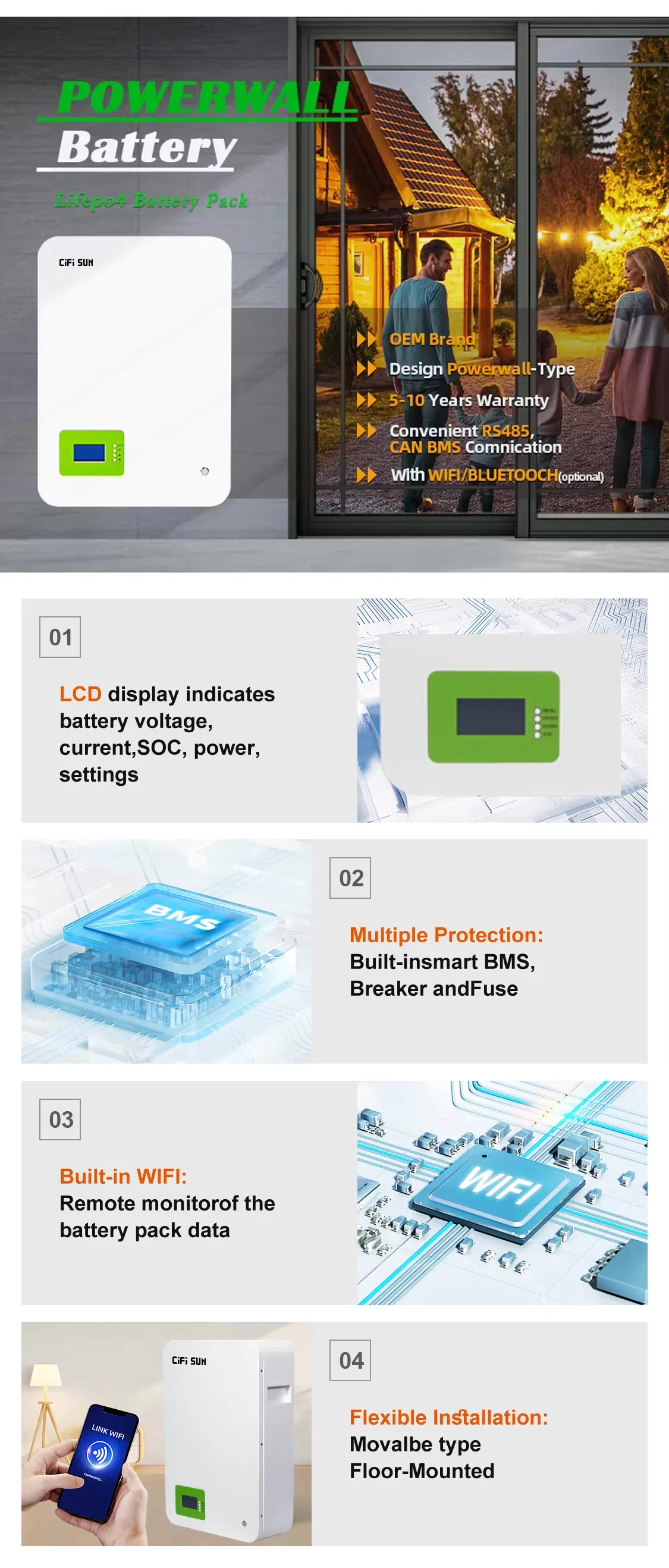 Batería de almacenamiento de energía solar de litio Powerwall 20kwh 10kwh Respaldo de emergencia para el hogar LiFePO4