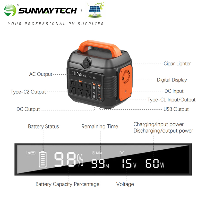 Banco de energía Sunway Charge 600W Generadores recargables portátiles para automóviles 600watt Inversor Lifopo4 Batería de litio panel solar batería de almacenamiento de energía para el hogar