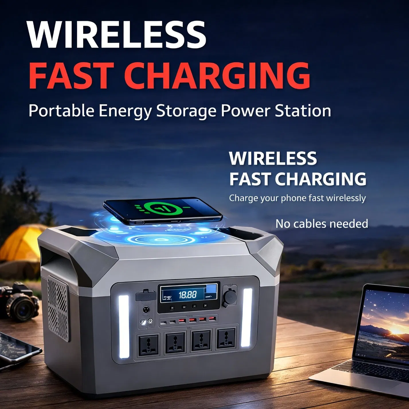 Generador solar de suministro de energía portátil con batería de litio y carga rápida inalámbrica, UPS LED para emergencias en el hogar, camping al aire libre y vehículos recreativos