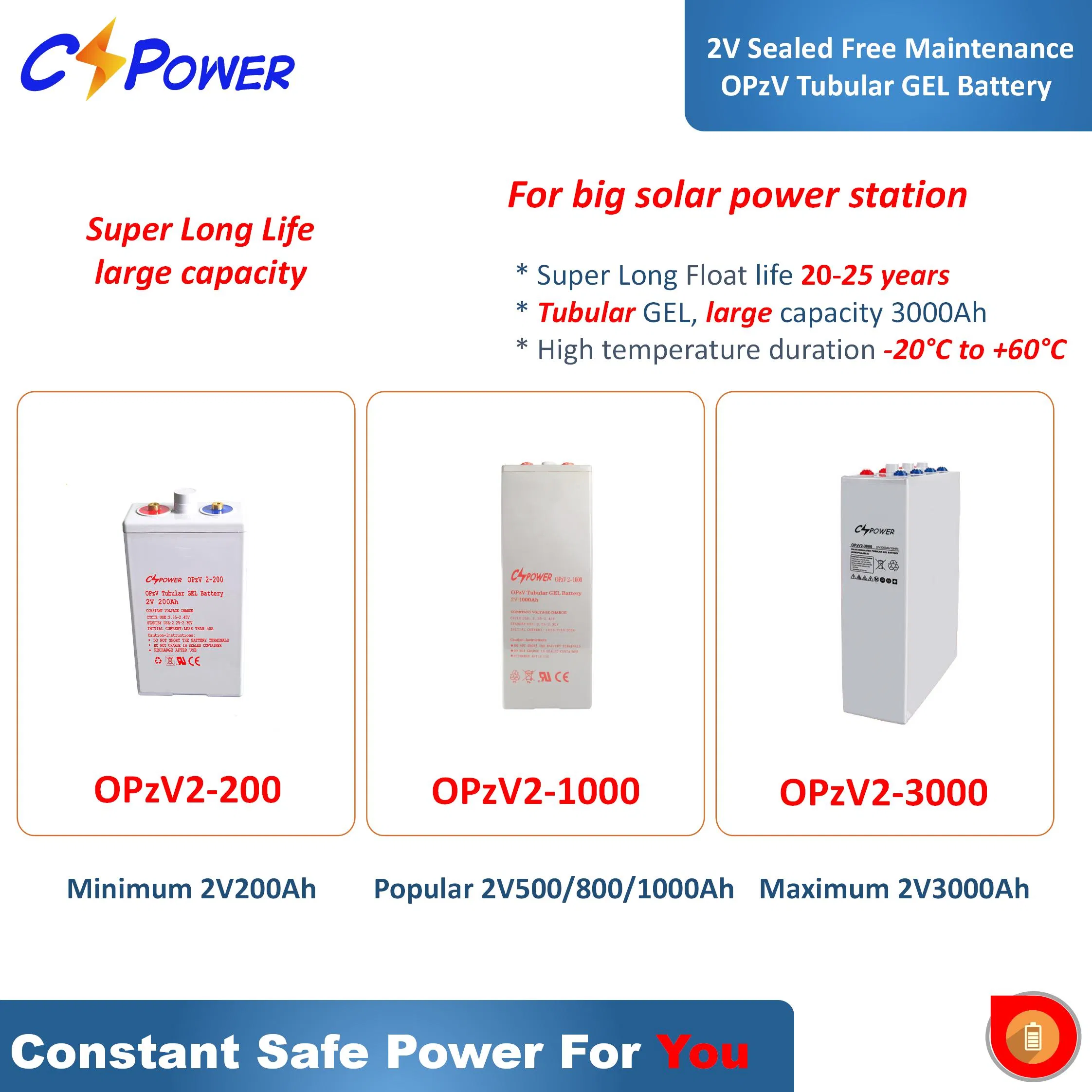 Batería Solar de Almacenamiento de Energía Tubular-Gel de Ciclo Profundo Cspower 2volt-3000ah/2500ah/2000ah/1000ah Opzv para Proyectos Gubernamentales/Csg