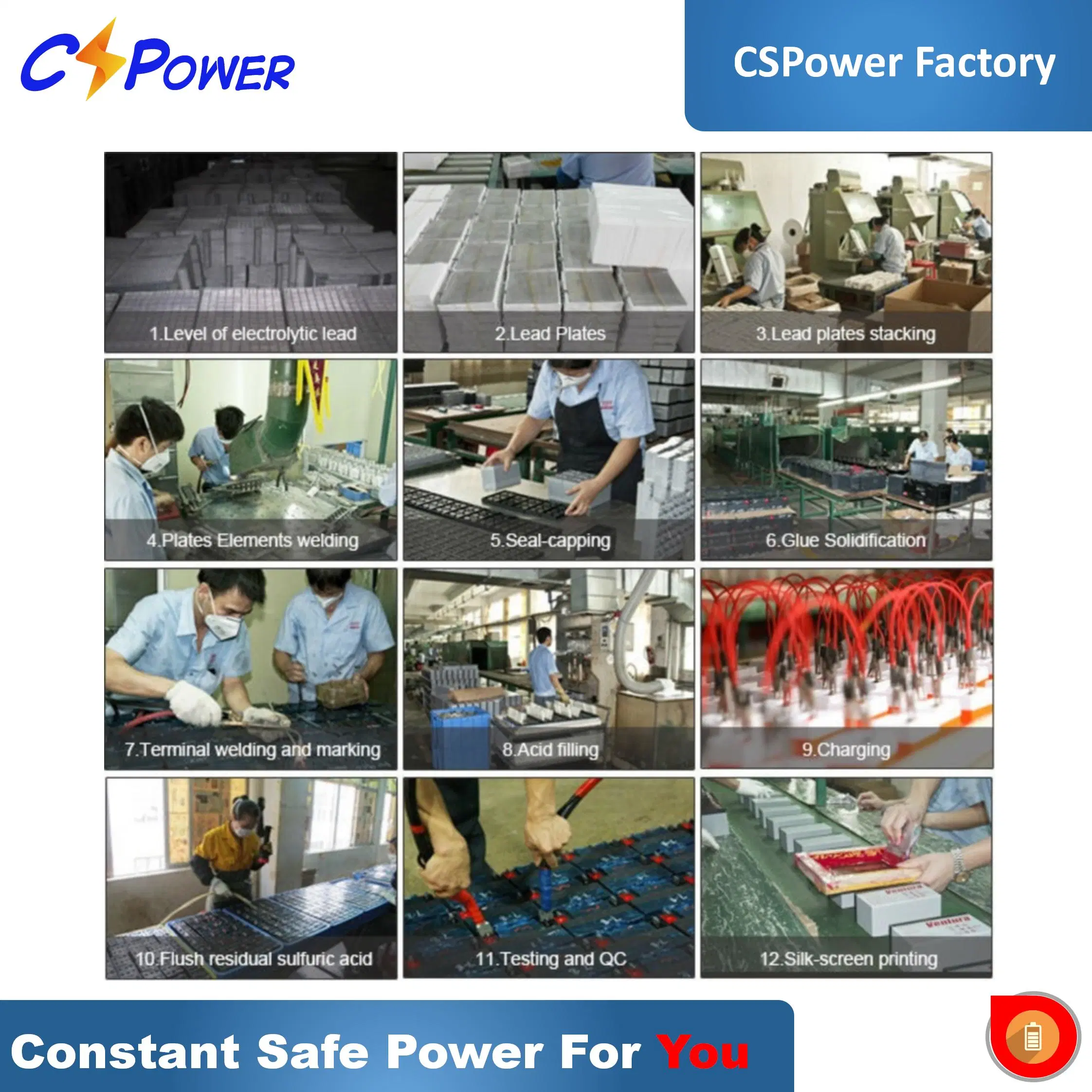 Batería de ciclo profundo de gel solar de alta temperatura Cspower 12V 100ah/200ah/300ah recargable VRLA - batería industrial SMF para sistema de panel solar Csj