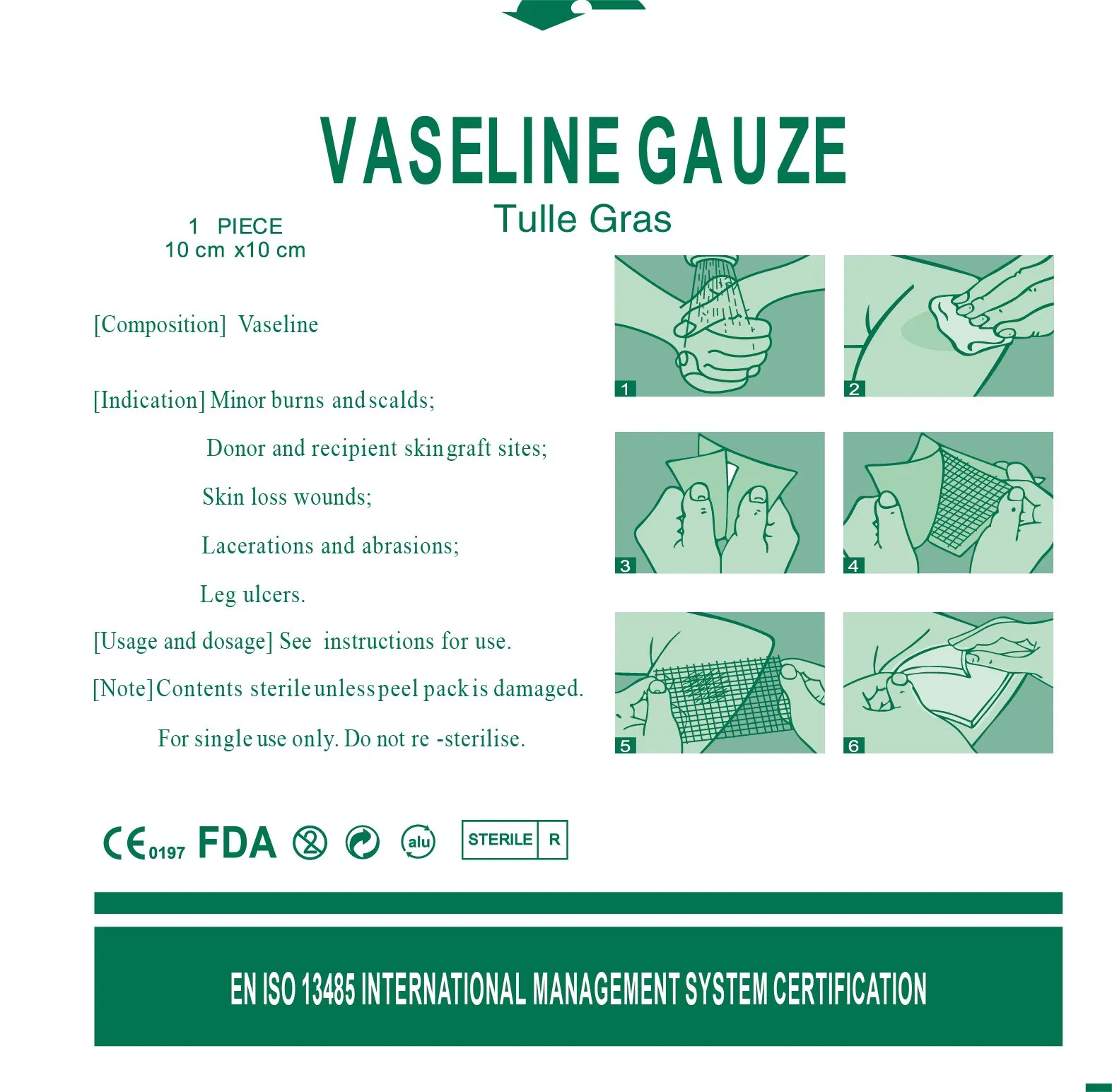 Apostille CE Approved Vaseline Gause Paraffin Gauze Dressing Tulle Gras for Burns Scalds Skingraft Skin Loss Wounds Lacerations and Abrasions