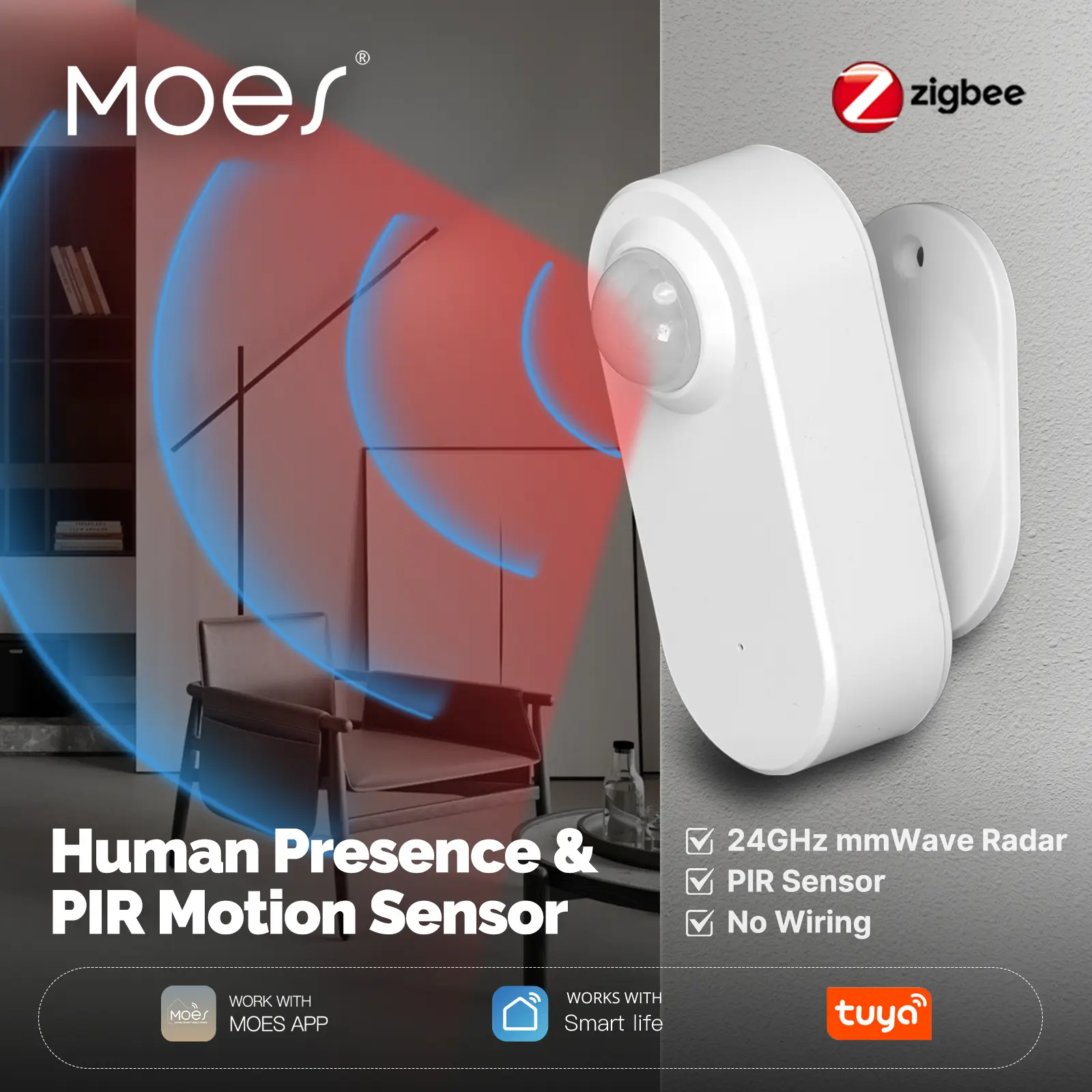 Wholesale MOES ZigBee Radar 24GHz mmWave Wireless Human Presence PIR Sensor Manufacturers, Supplier