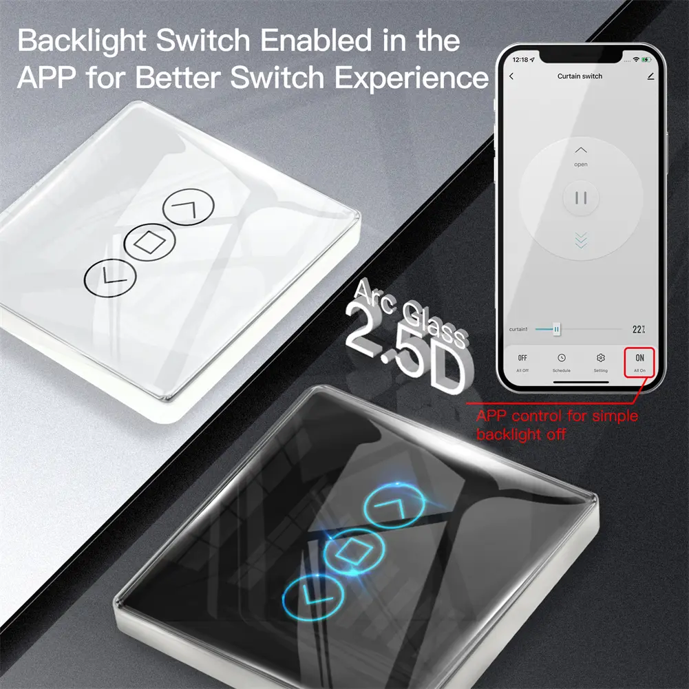 Wholesale WiFi RF433 Smart 2.5D Arc Glass Touch Panel Curtain Switch Supplier, Factories