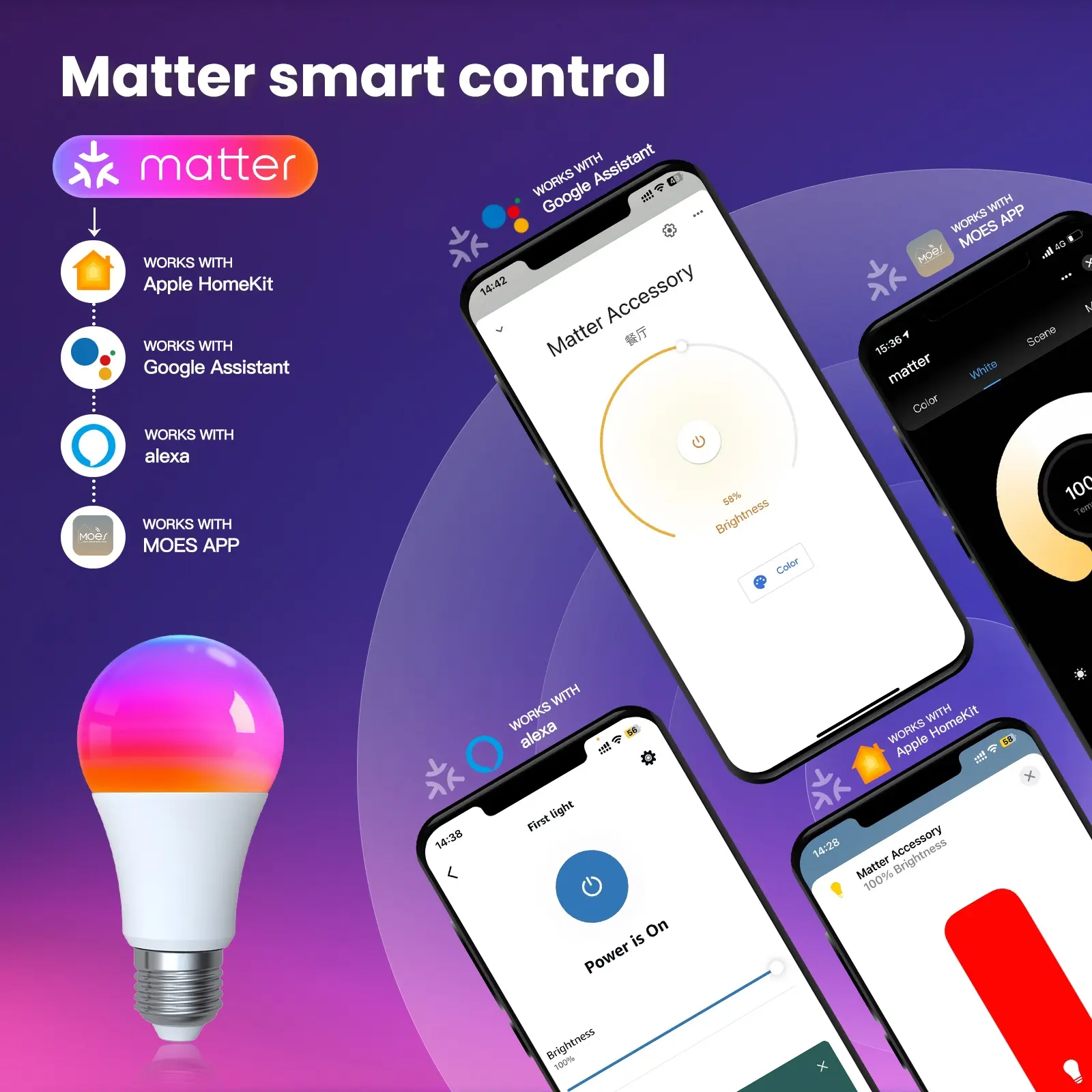 Wholesale Tuya Matter WiFi Smart Bulb Dimmable Led Light 16 Million RGB Colors GU10 E27 E14 Candle Lamp Voice Control Alexa Google Home Manufacturer, Factory