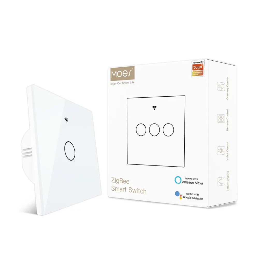 China MOES ZigBee Crystal Glass Wall Touch Smart Light Switch with Neutral Wire/No Neutral Wire,No Capacitor white black golden Smart Life/Tuya 2/3 Way Supplier, Suppliers