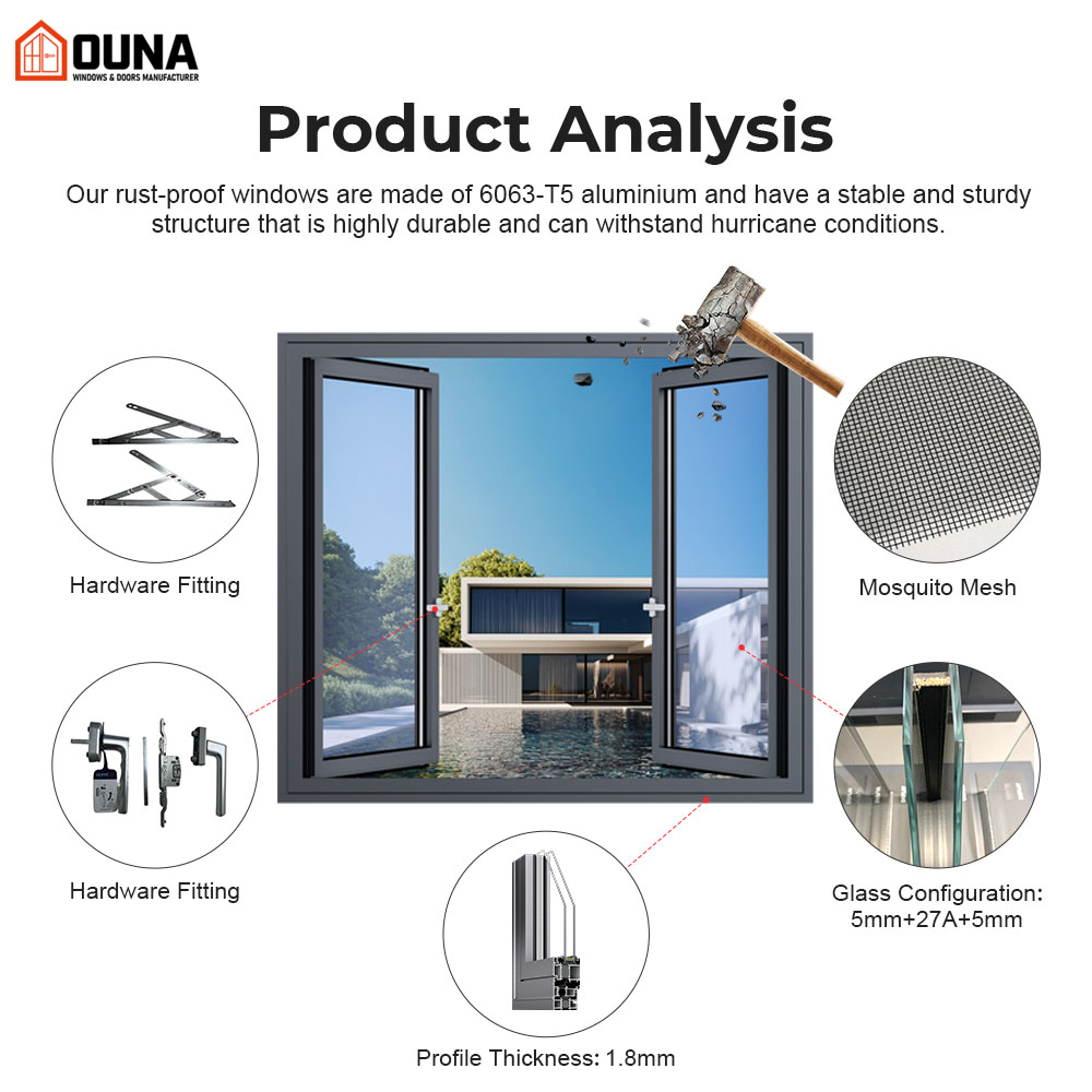 OUNA High Quality Black Powder Coated Aluminum Casement Window Double Glazed Tempered Glass Soundproof Thermal Insulation Window