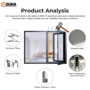 OUNA American Style Impact Resistant Double Glazed Black Frame Aluminum Crank Push Out Casement Windows Heat Insulation Argon