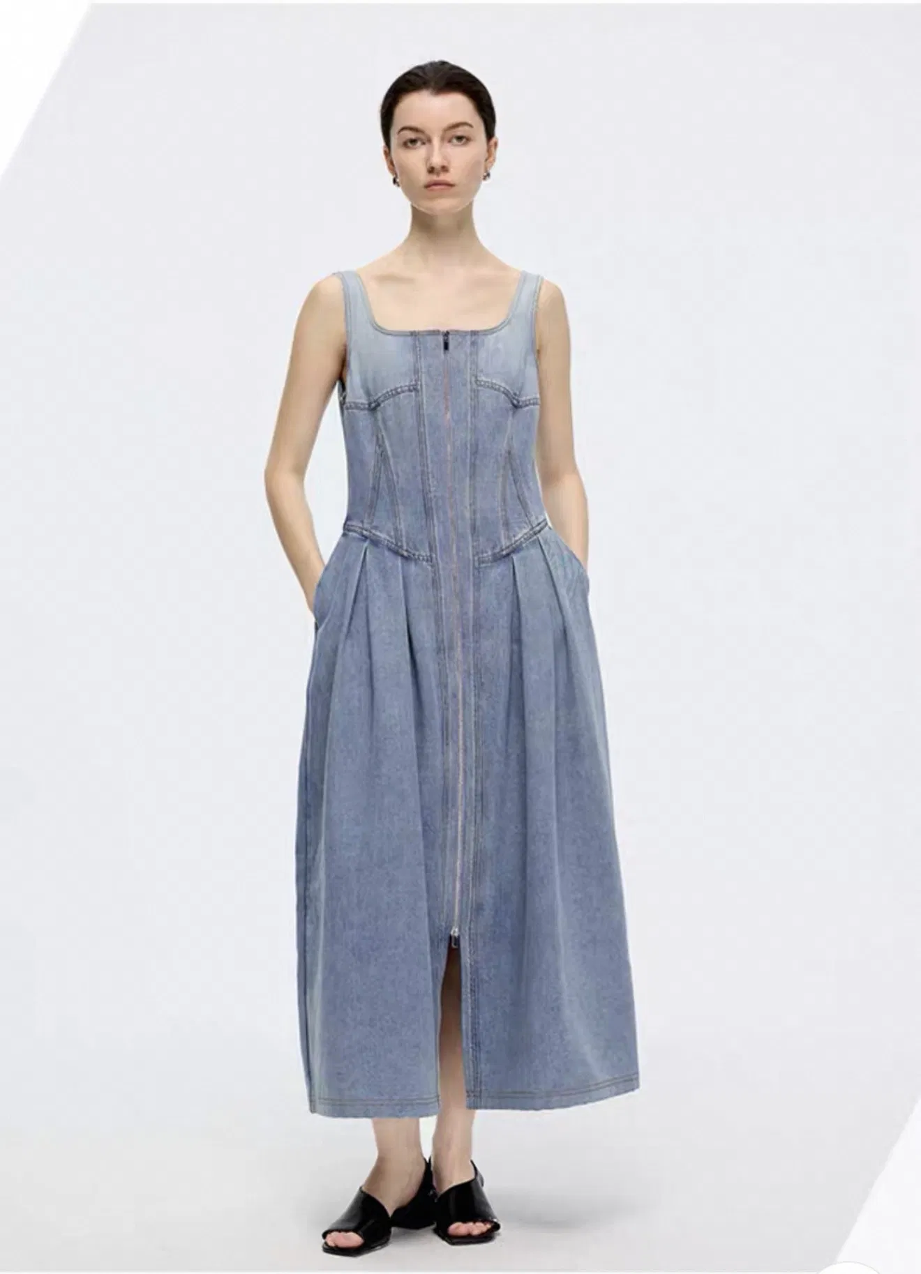 Wholesale High-End Sleeveless Front Full Zipper Closure Waist-Cut Long Fit Denim Women Strap Dress for Summer