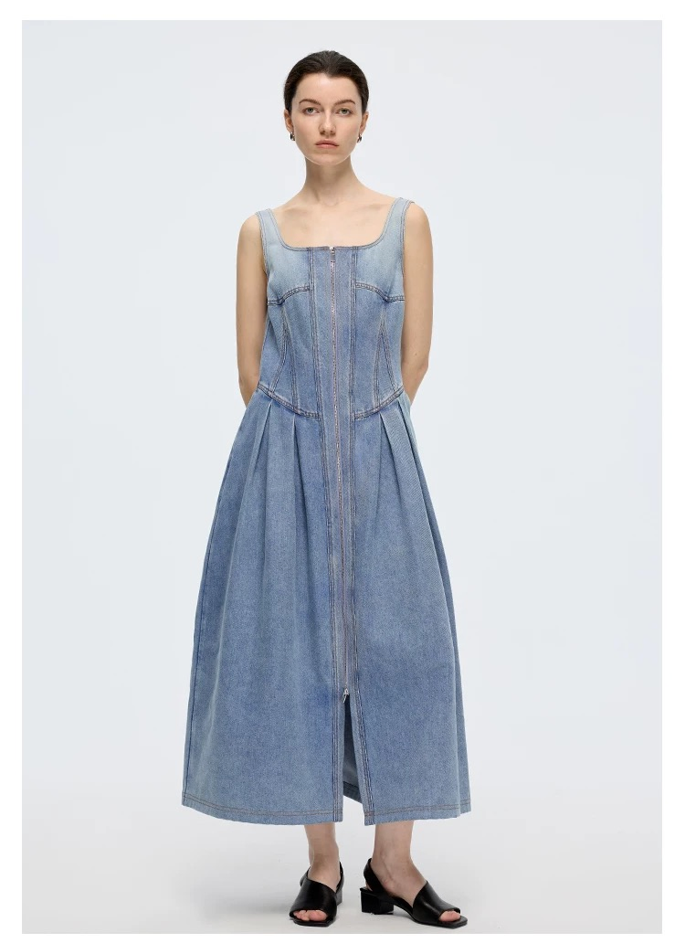 Wholesale High-End Sleeveless Front Full Zipper Closure Waist-Cut Long Fit Denim Women Strap Dress for Summer