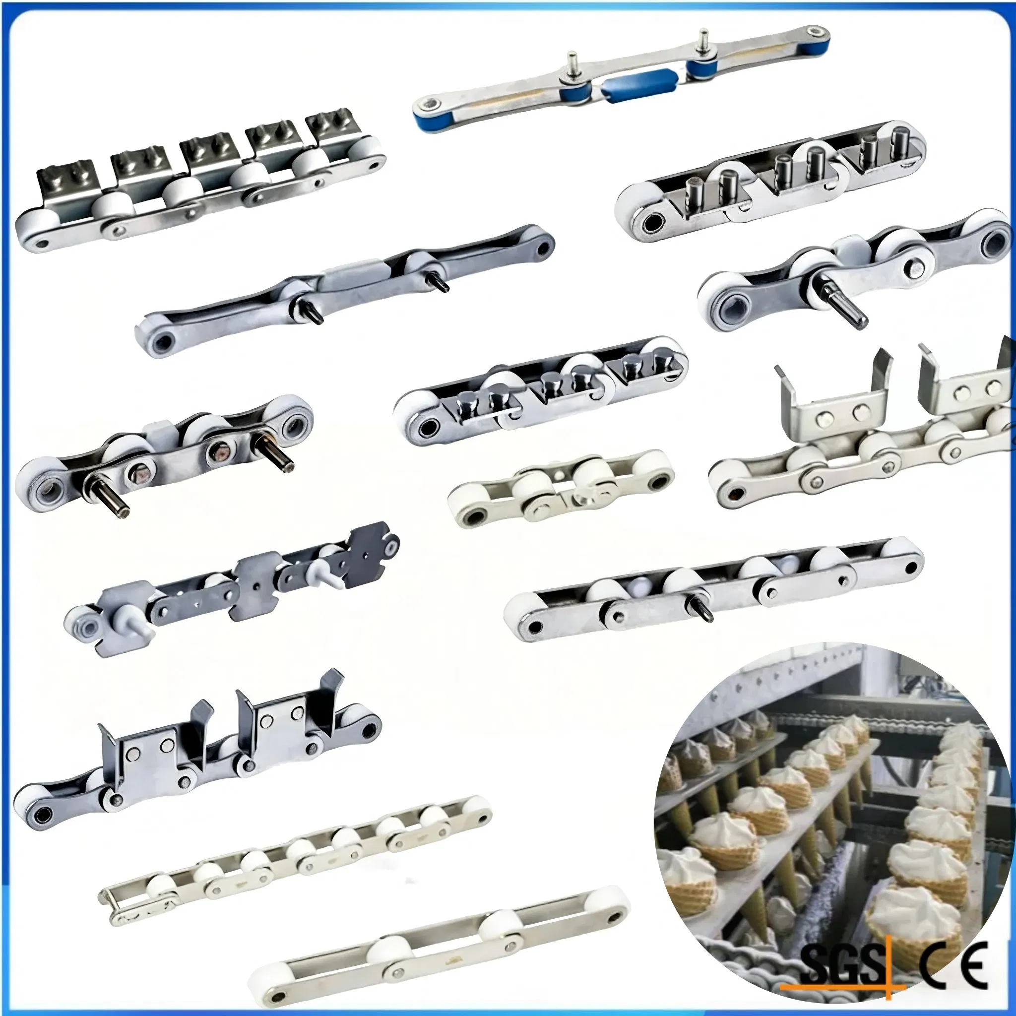 Food Grade SS Ice Cream Freezer Low Temperature Slat Modular Belt Ice Cream Cone Baking Cold Room Hardening Tunnel Conveyor Chain for Freezing Tunnel Conveyor