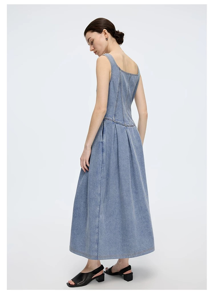 Wholesale High-End Sleeveless Front Full Zipper Closure Waist-Cut Long Fit Denim Women Strap Dress for Summer