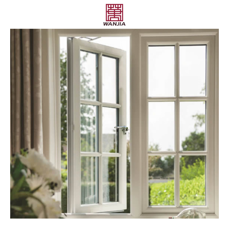 Modern Grid Design High Quality Upvc/Pvc/Vinyl Casement Window with Sound Insulation Tempered Glass Louver Curtains for Villas