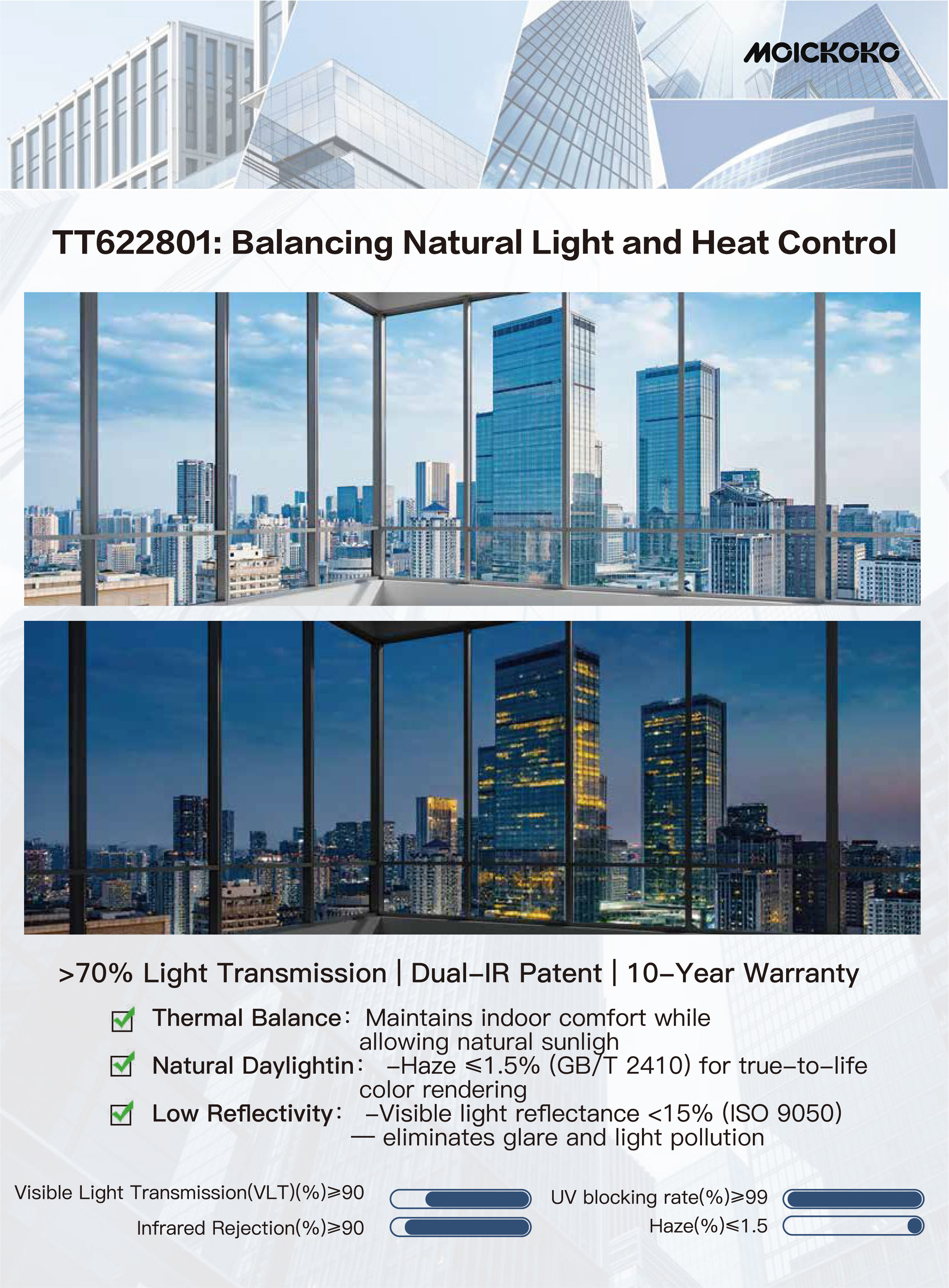 Modern Smart Energy Saving Film 70% VLT/99% UV Protection 92% Infrared Heat Insulation Explosion-Proof Window Film For Buildings