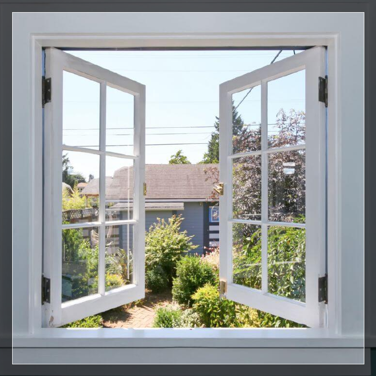 Modern Style UPVC French Casement Bay Window Double Tempered Clear Glass Swing Open Plastic Frame Magnetic Screen for Villas