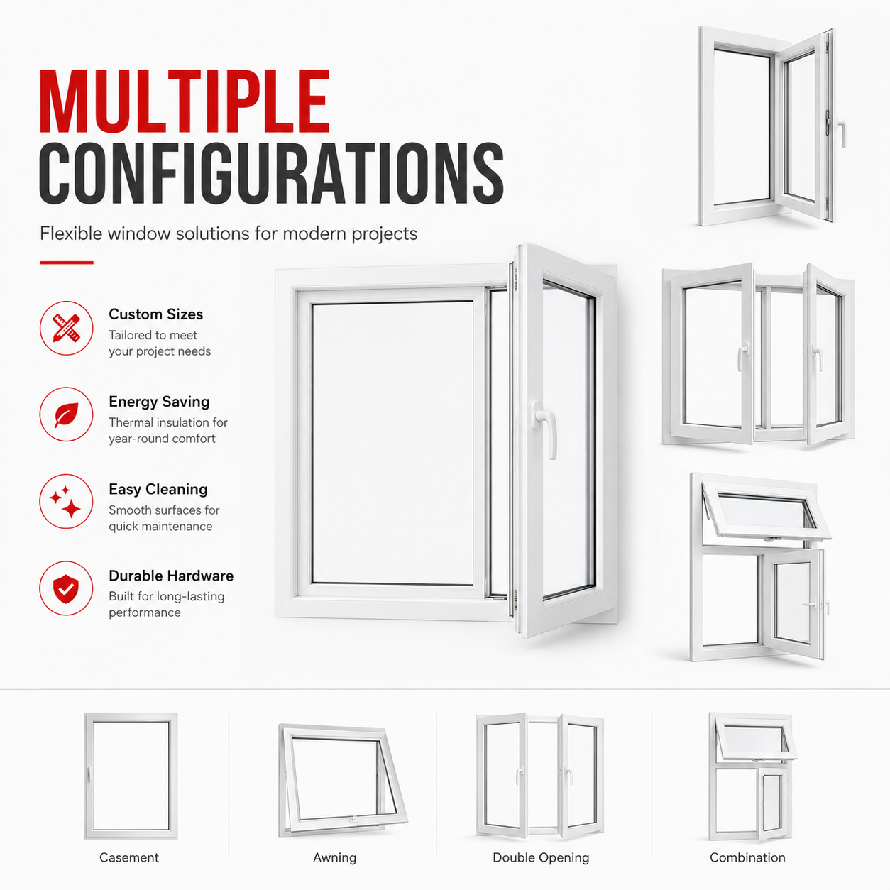 Wholesale White Upvc Vinyl Composite Window, Double Glazed Plastic Casement Tilt Turn with Optional Manual Roller Shutter
