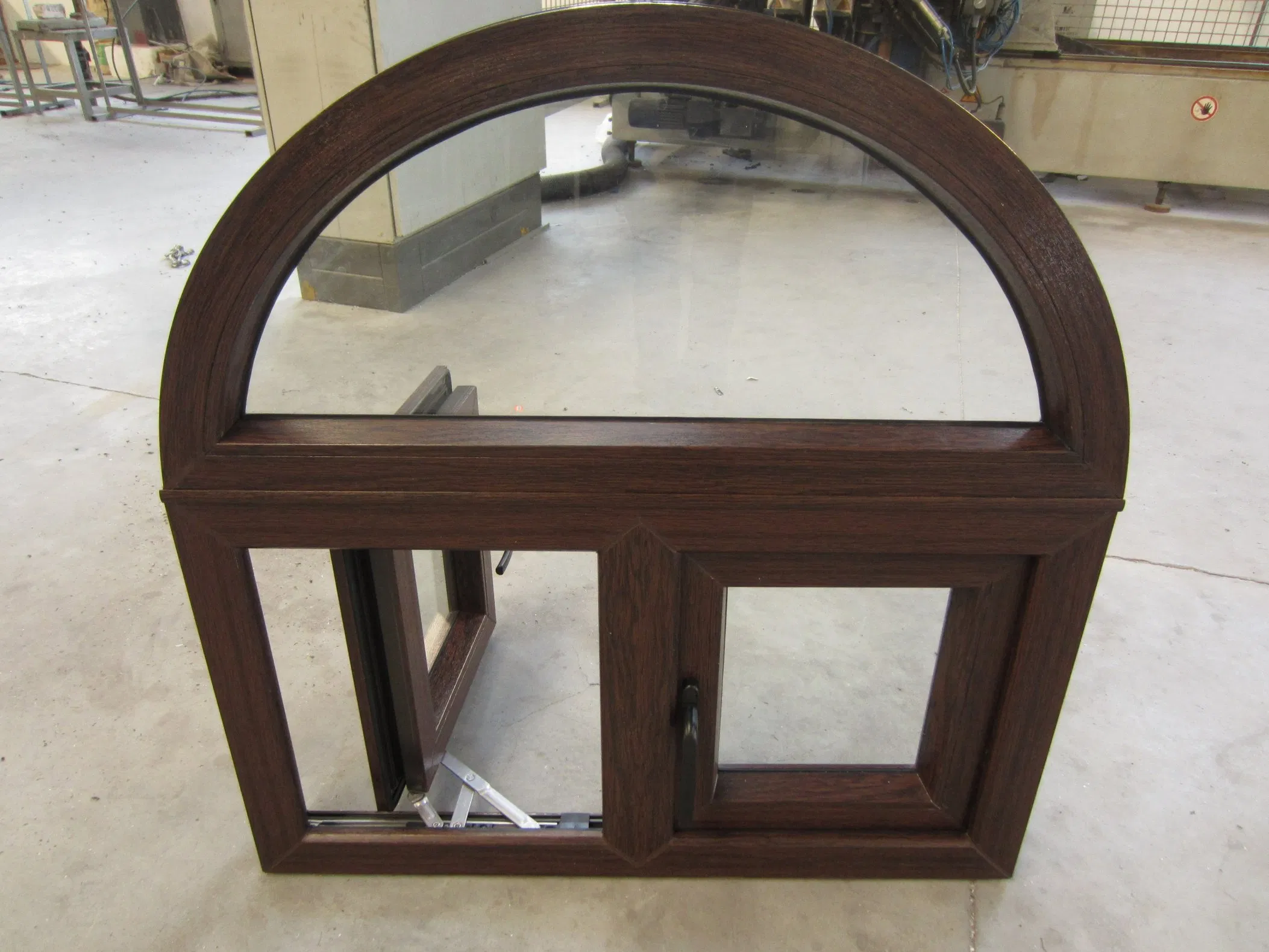 Customized Wood Color Soundproof UPVC/PVC Fixed Casement Window with Arch Top