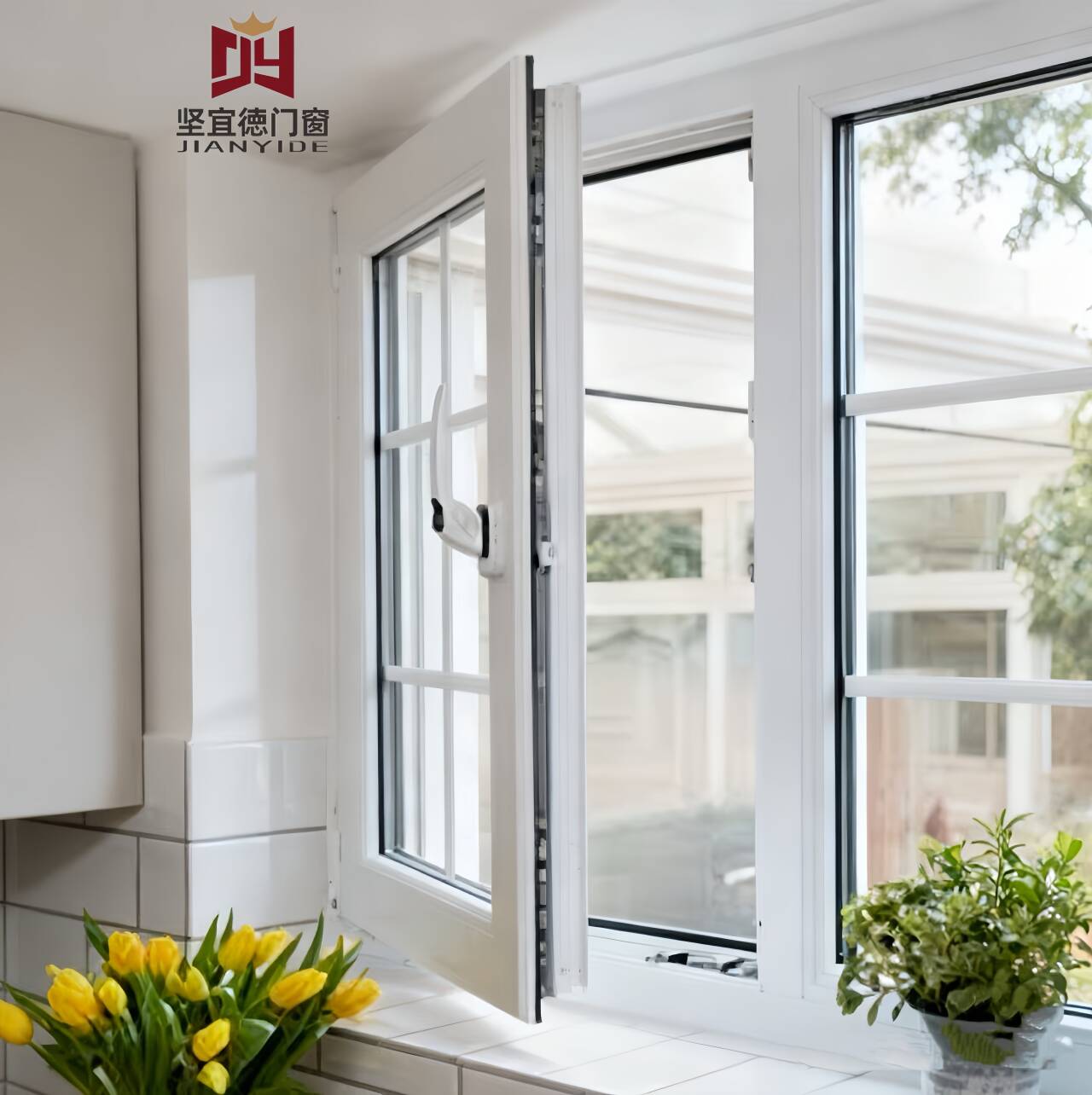 Modern Security UPVC Casement Window Multi-point Locking Steel Liner Reinforcement Swing Open Windproof for Kitchen Bathroom
