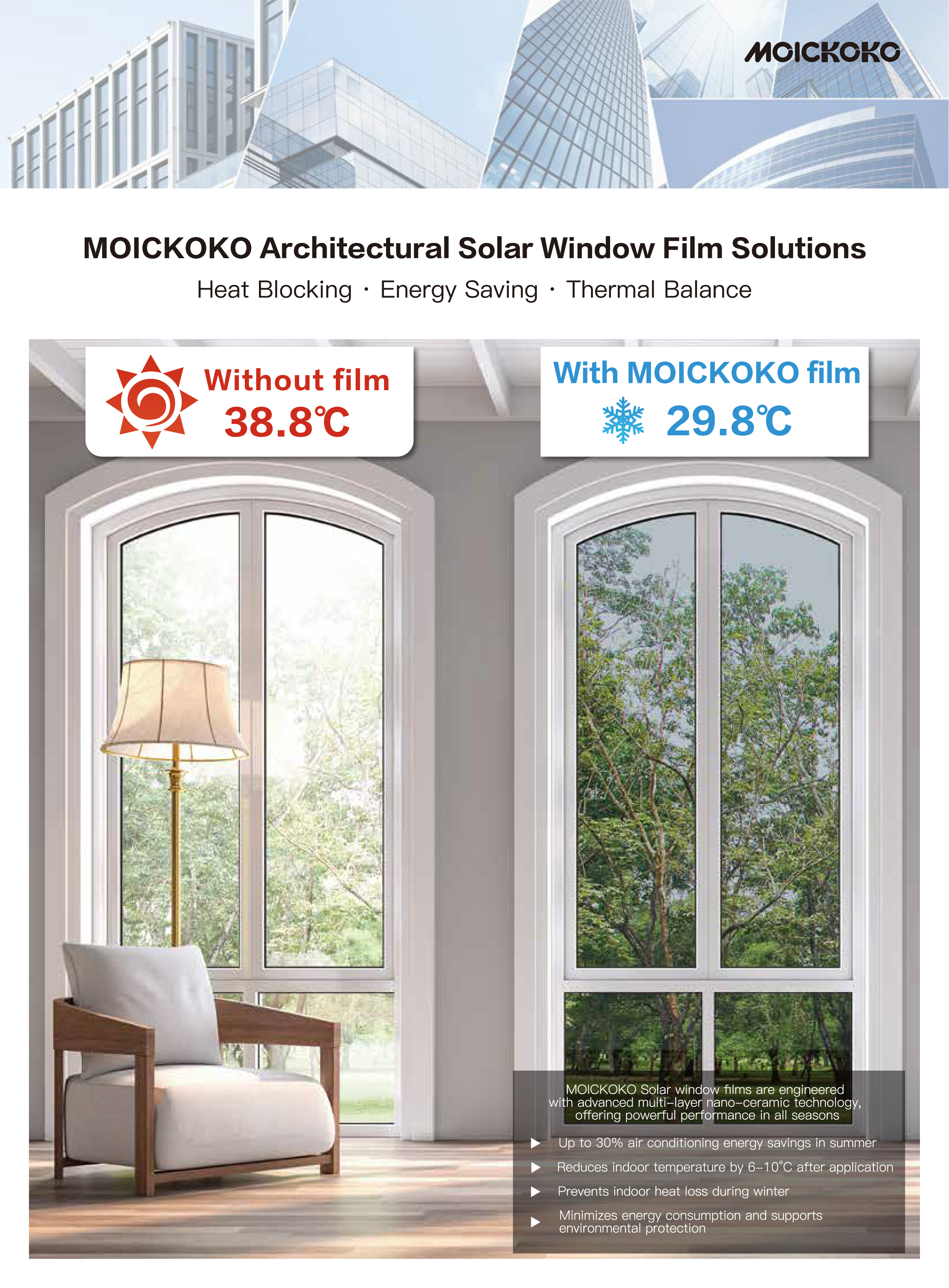 Modern Smart Energy Saving Film 70% VLT/99% UV Protection 92% Infrared Heat Insulation Explosion-Proof Window Film For Buildings