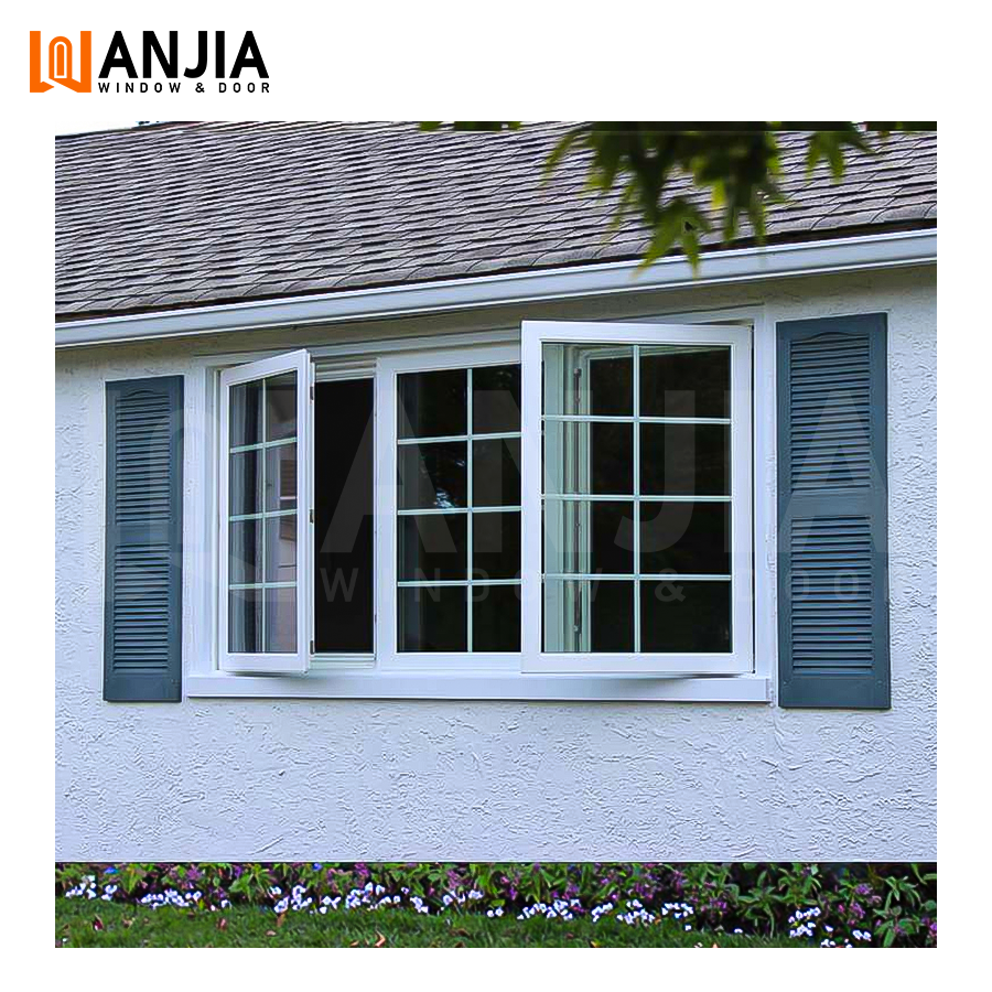 WANJIA Ce Certified Grid Design Upvc windows Villa Home Double Glazed Casement Window Standard Heat Insulation Pvc windows