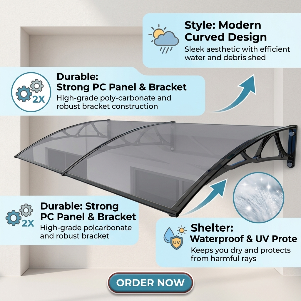 Waterproof UV Blocking Polycarbonate Patio Awning, Aluminum Bracket Front Window Back Door Canopy, Free Custom Design