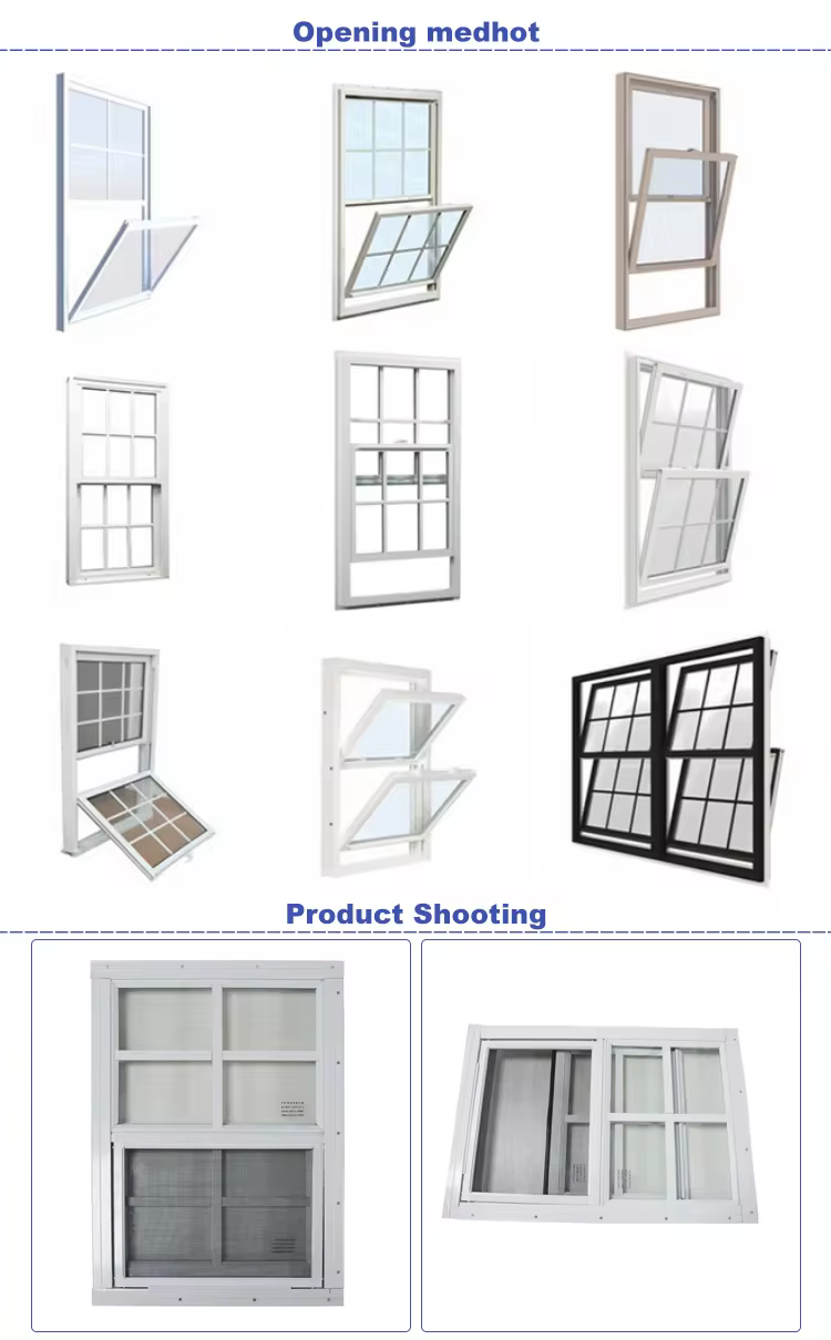 French Commercial White Vinyl/UPVC Single Double Hung Windows Custom Glass Hand-operated Hung Window Top Hung Windows
