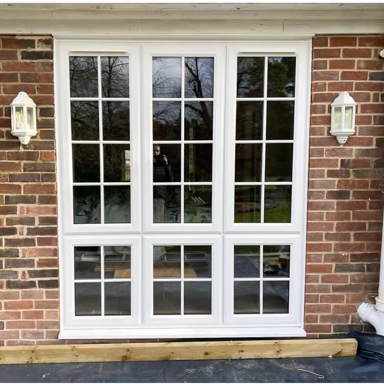 Modern Style UPVC French Casement Bay Window Double Tempered Clear Glass Swing Open Plastic Frame Magnetic Screen for Villas