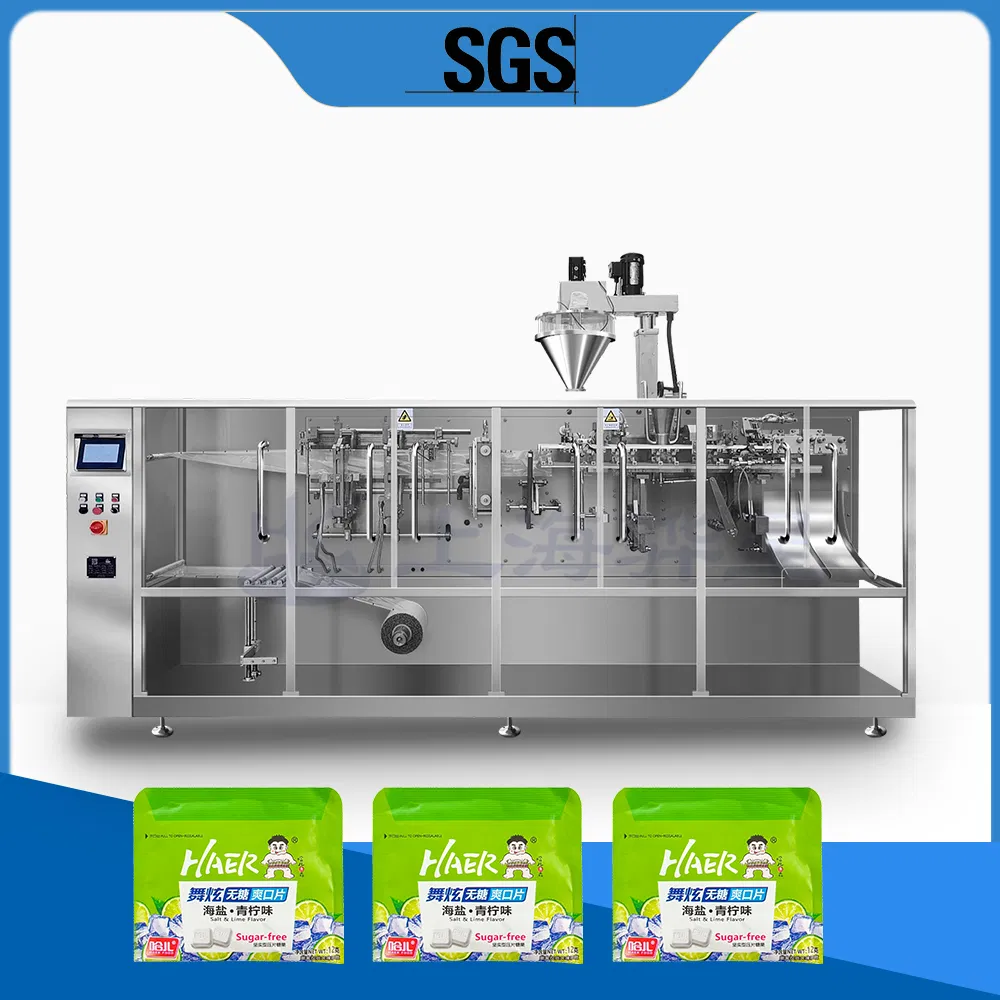 Máquina de Embalagem Automática Horizontal para Filme em Rolo de Sal, Açúcar, Especiarias, Pó e Farinha em Sachet Plano 3/4 com Selagem Lateral, Formação, Enchimento e Selagem