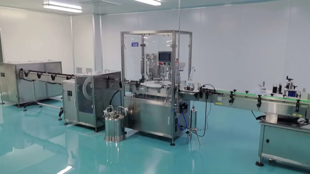 Linha de Produção Automática Completa para Lavagem, Enchimento, Tampagem e Rotulagem de Frascos de Óleo Essencial