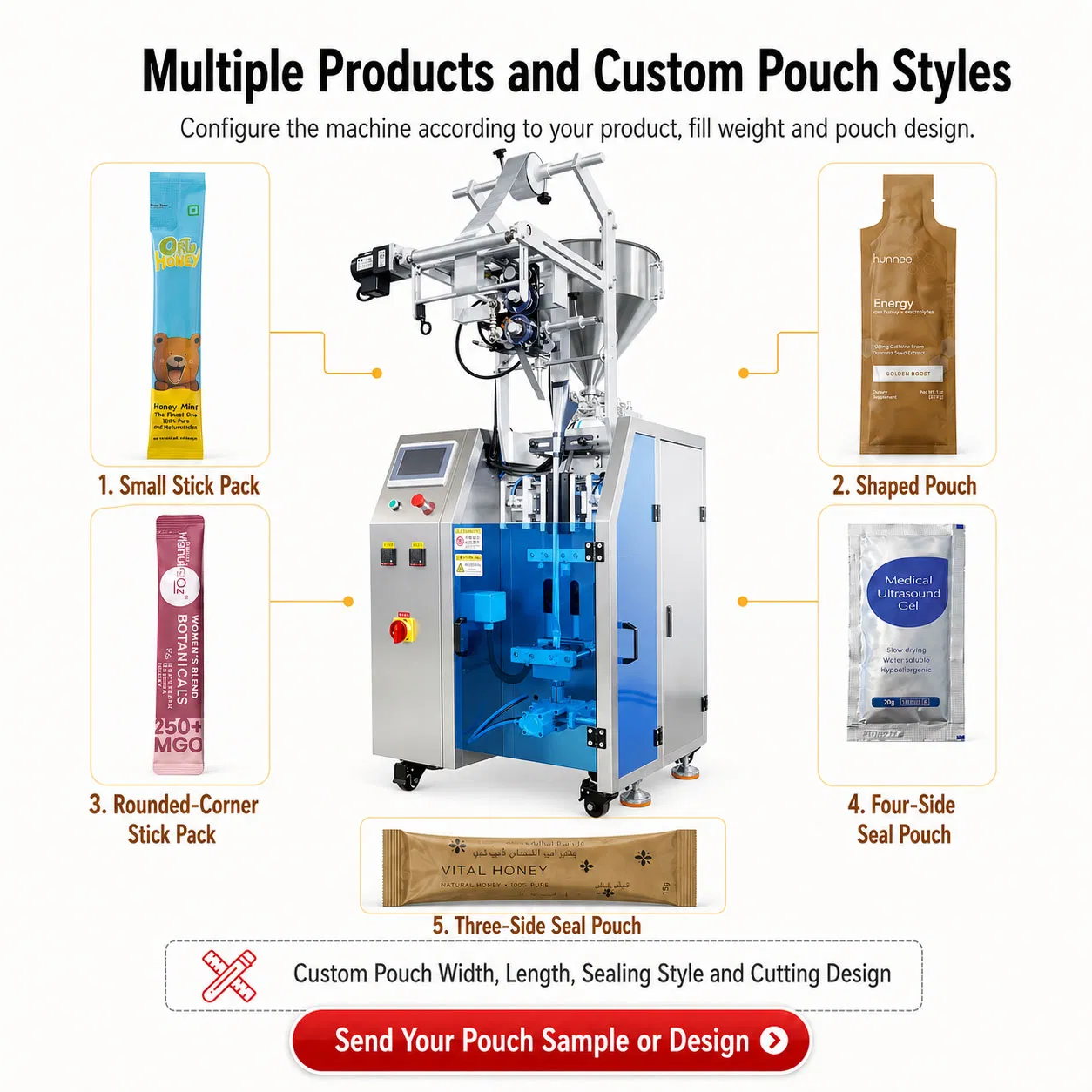 Máquina de embalagem para sachês automáticos pequenos de preenchimento de líquidos como molho picante, suplementos, gel energético, suco, mel e xarope de bordo