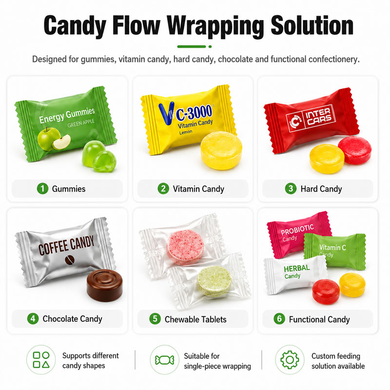 Máquina de Embalagem em Fluxo para Embalar Automaticamente Travesseiros Horizontais, Barras de Chocolate, Wafers, Biscoitos, Barras de Cereal, Gomas Macias e Doces Duros em Sachet