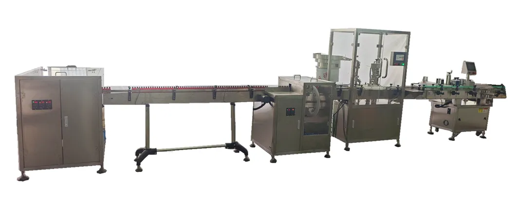 Linha de Produção Automática Completa para Lavagem, Enchimento, Tampagem e Rotulagem de Frascos de Óleo Essencial
