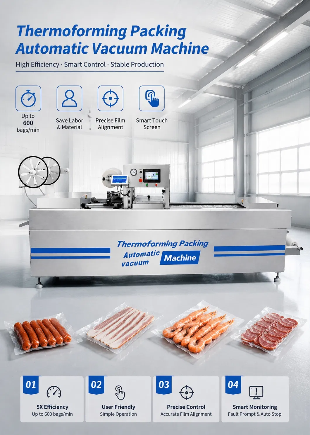 Máquina de Embalagem a Vácuo por Termoformagem Industrial para Carne, Queijo, Linguiça, Máquina de Selagem a Vácuo para Alimentos