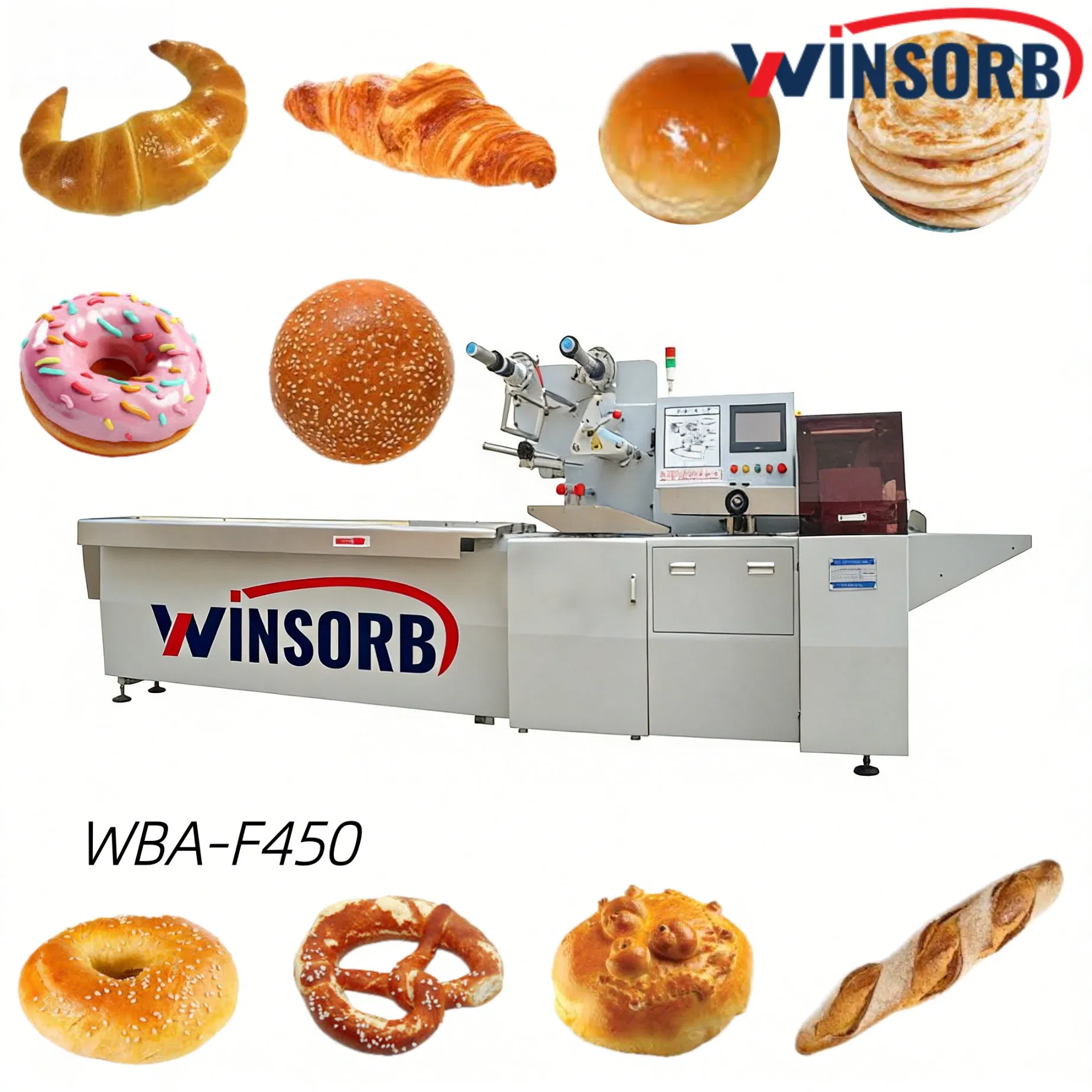 Wba-F450 Máquina de Embalagem Automática Horizontal de Fluxo para Pão, Bolo, Biscoito, Torrada, Grande, Rotativa, Alimentos, Embalagem, Envoltório a Vácuo