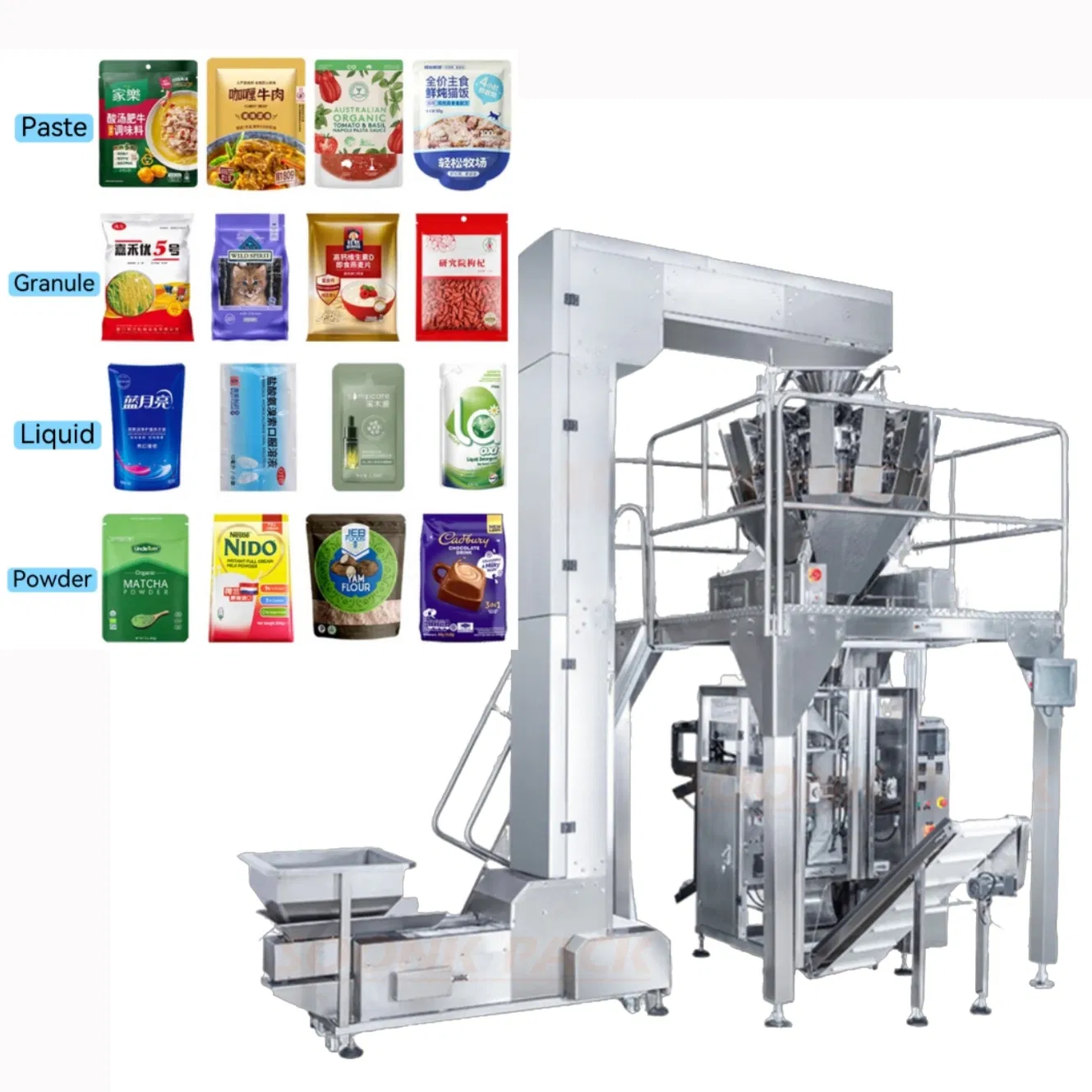 Máquina de Embalagem de Saco Vertical Automática para Enchimento, Selagem e Pesagem de Snacks, Grãos, Arroz, Nozes, Café, Açúcar, Doces, Alimentos