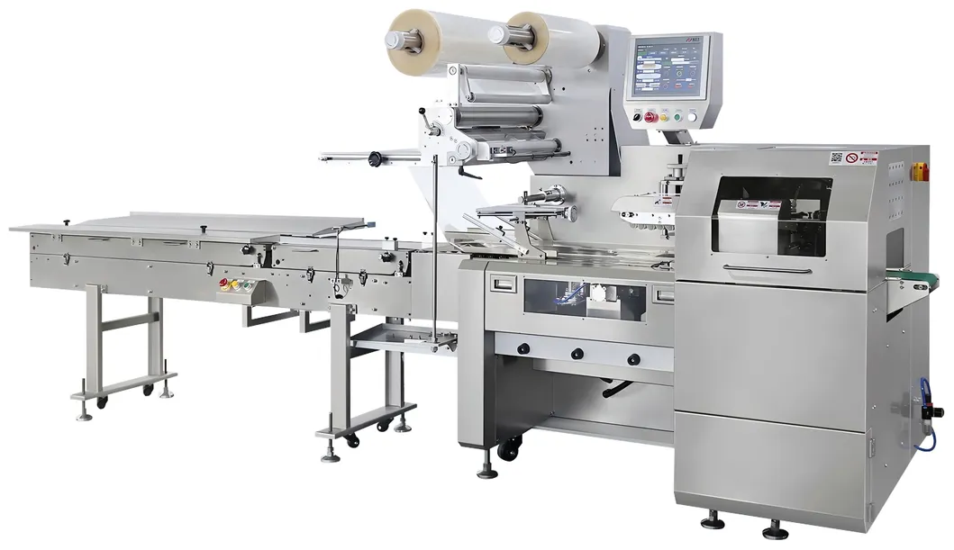 Máquina de Embalagem em Fluxo para Alimentos Congelados com Embalagem de Bandeja para Hambúrgueres, Bolinhos, Frutas e Legumes Frescos Congelados