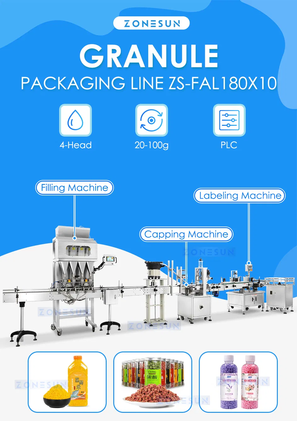 Linha Automática de Pesagem, Enchimento, Tampagem e Rotulagem ZS-Fal180X10 para Sistema de Embalagem da Indústria Alimentícia