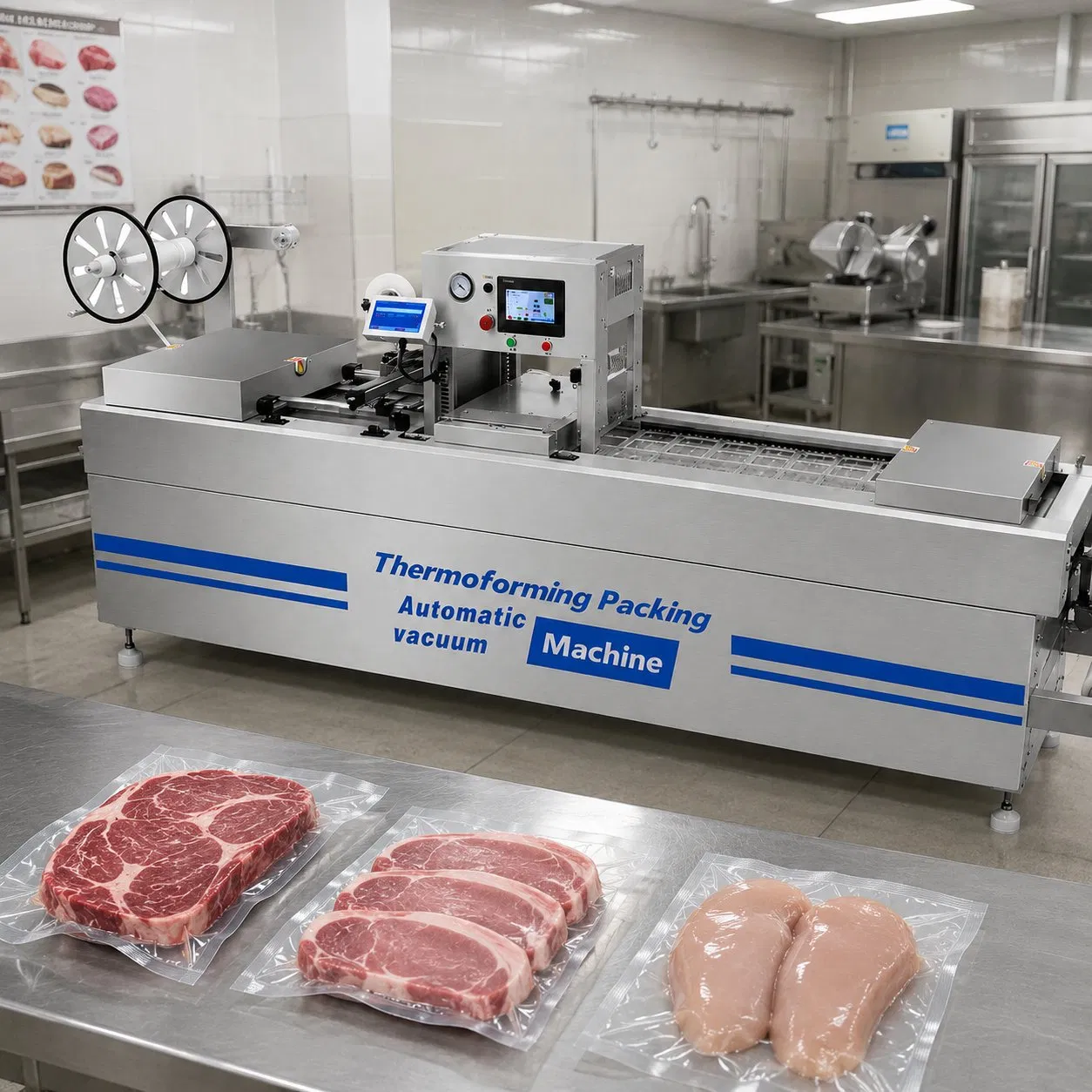 Máquina de Embalagem a Vácuo por Termoformagem Industrial para Carne, Queijo, Linguiça, Máquina de Selagem a Vácuo para Alimentos