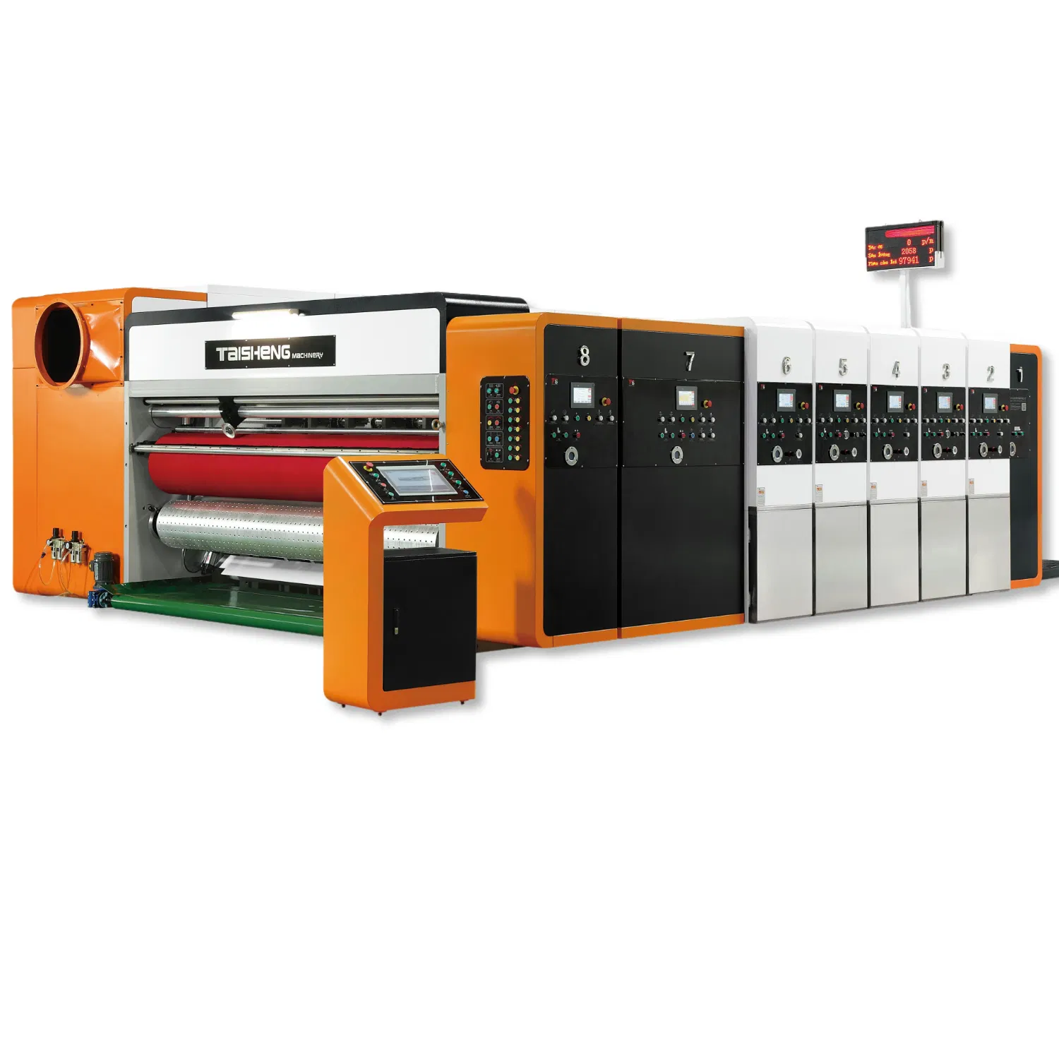 Máquina de Embalagem para Fabricação de Caixas de Papelão Corrugado com Impressão Flexográfica, Corte Rotativo e Slotagem Totalmente Automática