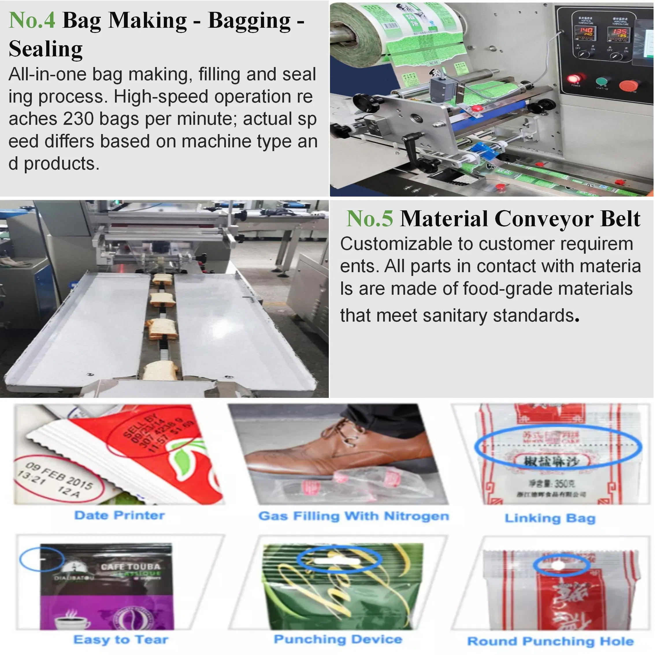 Máquina de Embalagem Automática Multifuncional para Embalagem em Fluxo de Alimentos, Fatias de Pão, Biscoitos, Pães, Máquina de Embalagem em Almofada