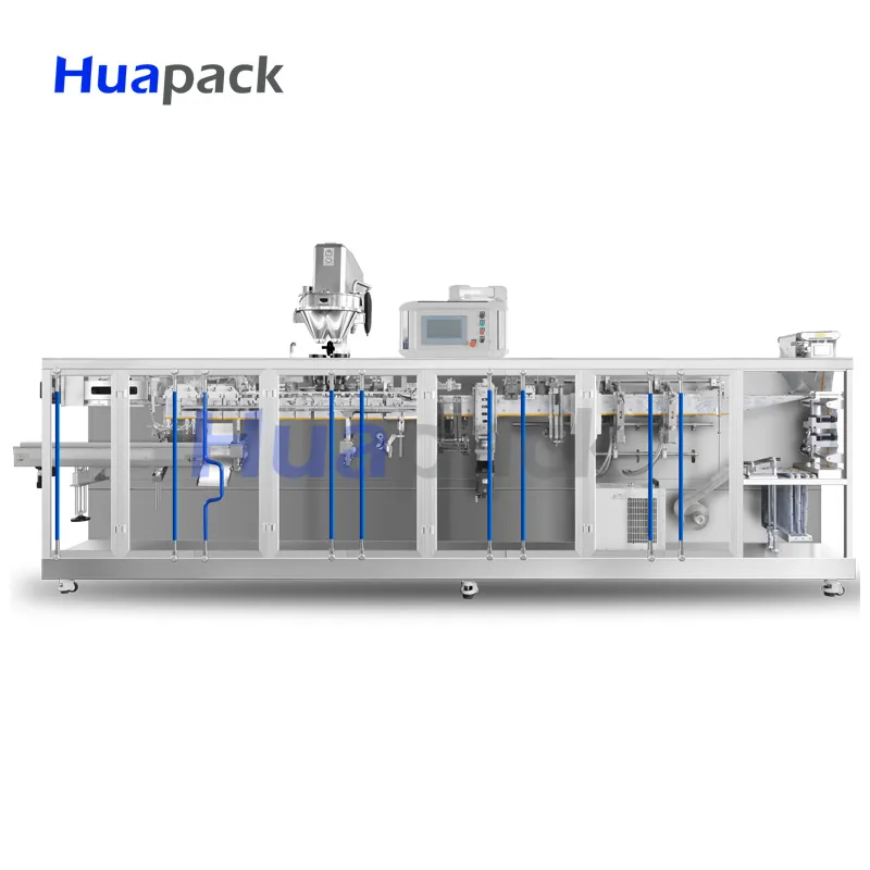 Máquina de Embalagem Automática Horizontal para Filme em Rolo de Sal, Açúcar, Especiarias, Pó e Farinha em Sachet Plano 3/4 com Selagem Lateral, Formação, Enchimento e Selagem