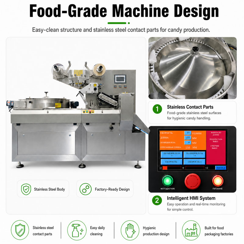Máquina de Embalagem em Fluxo para Embalar Automaticamente Travesseiros Horizontais, Barras de Chocolate, Wafers, Biscoitos, Barras de Cereal, Gomas Macias e Doces Duros em Sachet
