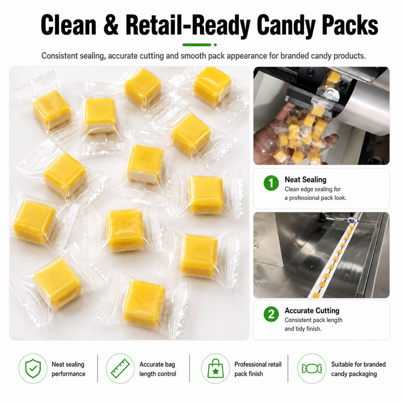 Máquina de Embalagem em Fluxo para Embalar Automaticamente Travesseiros Horizontais, Barras de Chocolate, Wafers, Biscoitos, Barras de Cereal, Gomas Macias e Doces Duros em Sachet